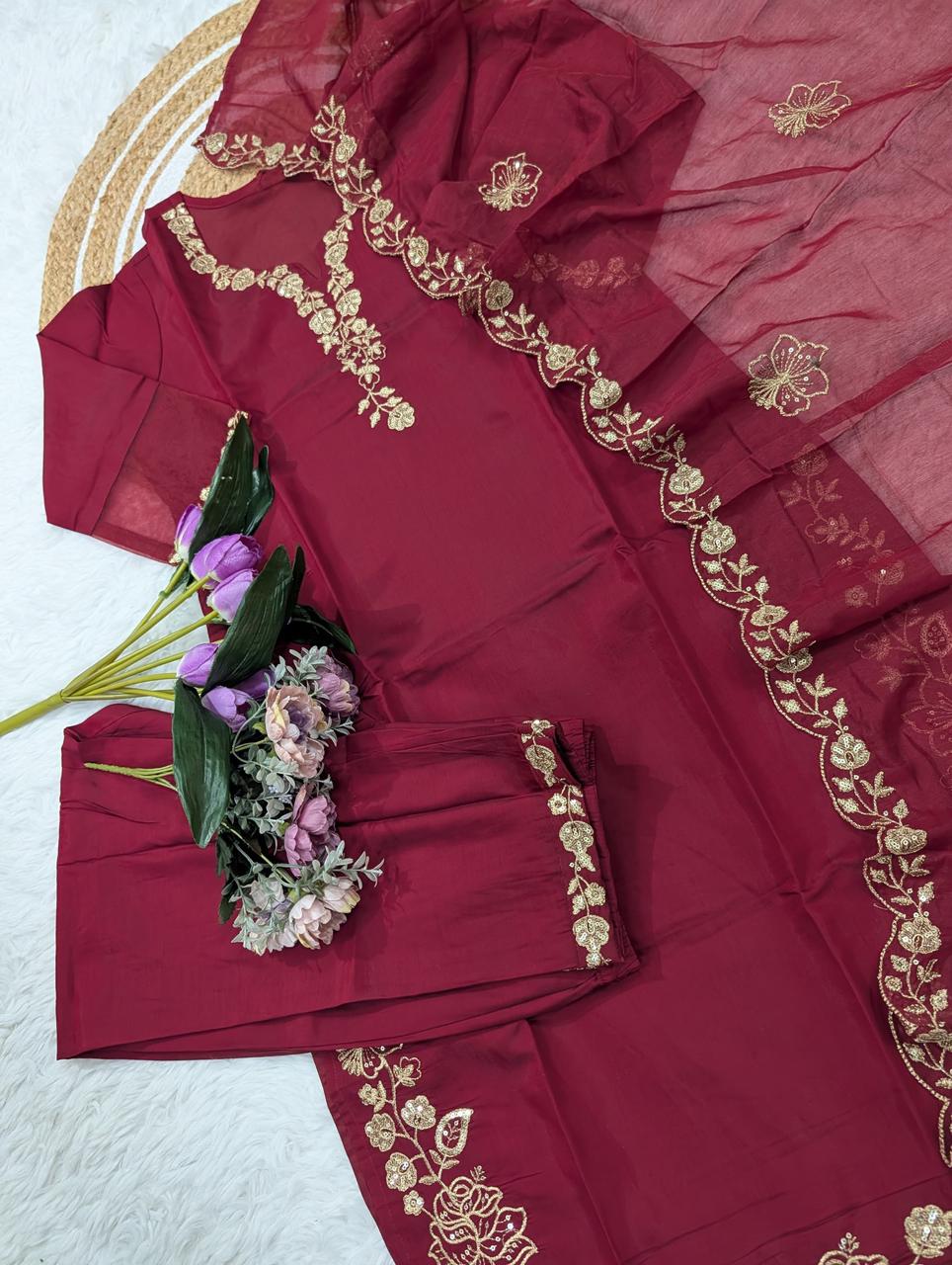 NCO 117 Pure Viscose Chanderi Silk Sequins Embroidery Kurti Bottom With Dupatta