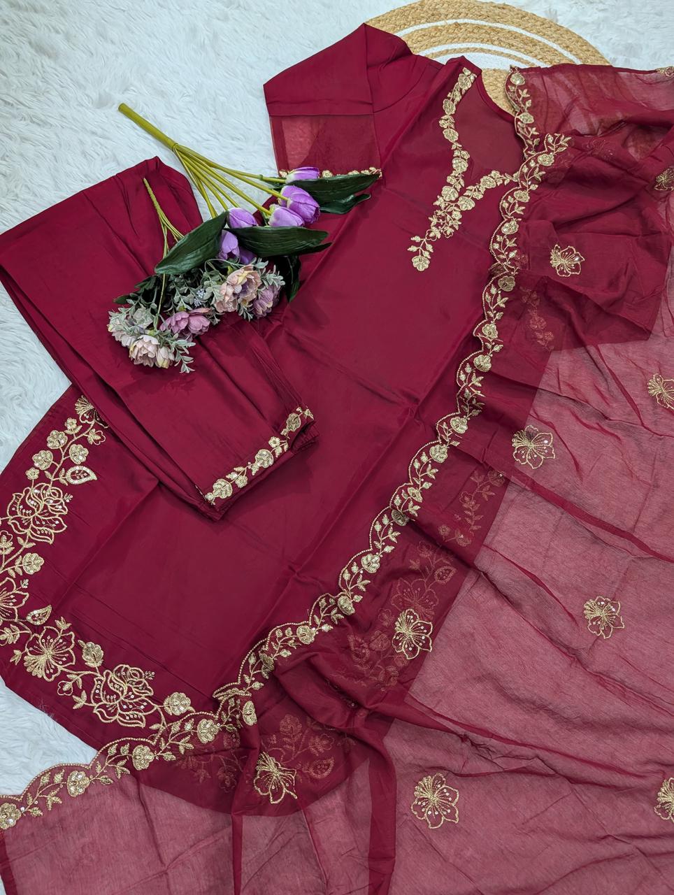 NCO 117 Pure Viscose Chanderi Silk Sequins Embroidery Kurti Bottom With Dupatta
