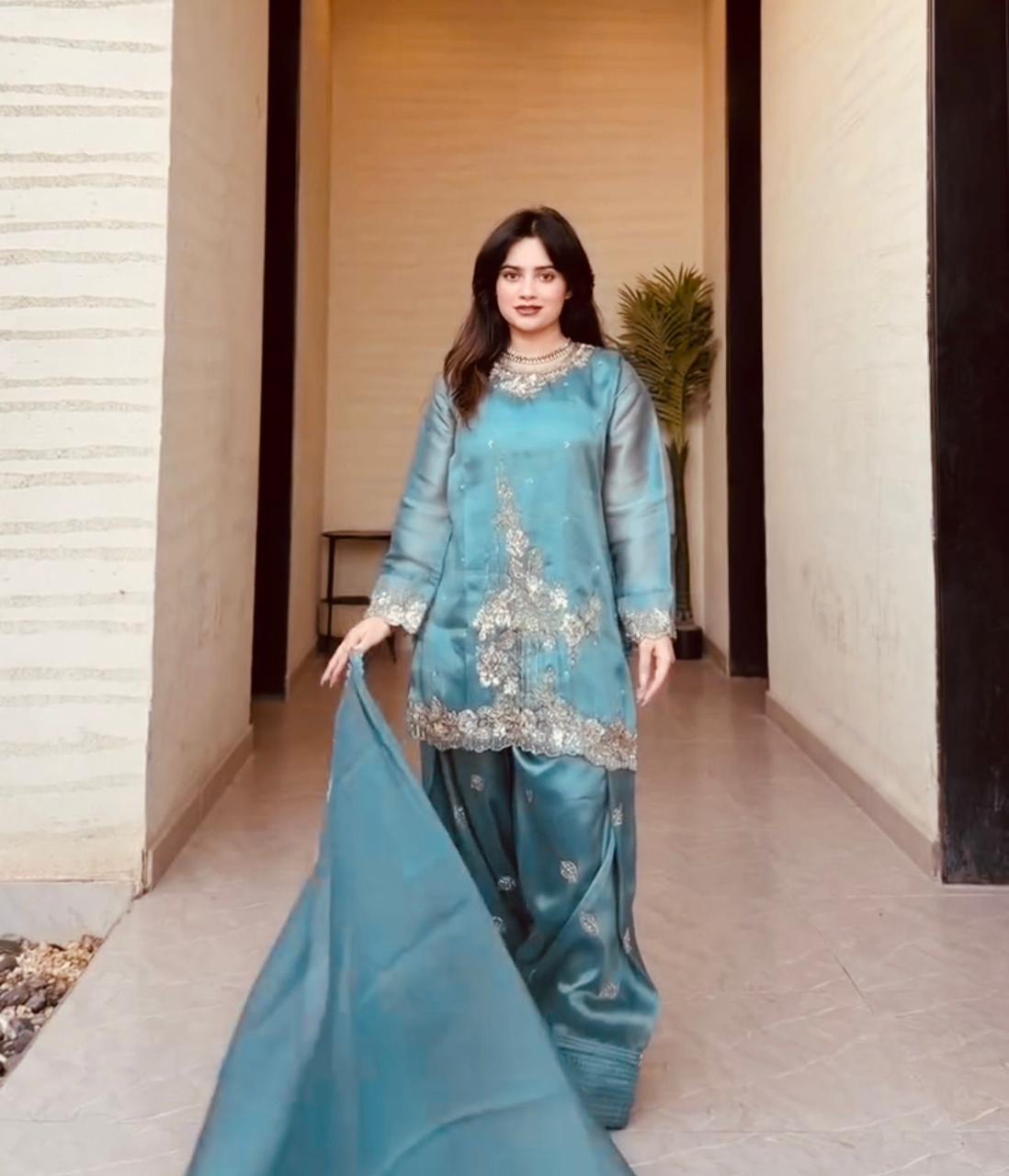 NCO 118 HSS GMY Silk Embroidery Coading Thread Sequins Work Top Bottom With Dupatta