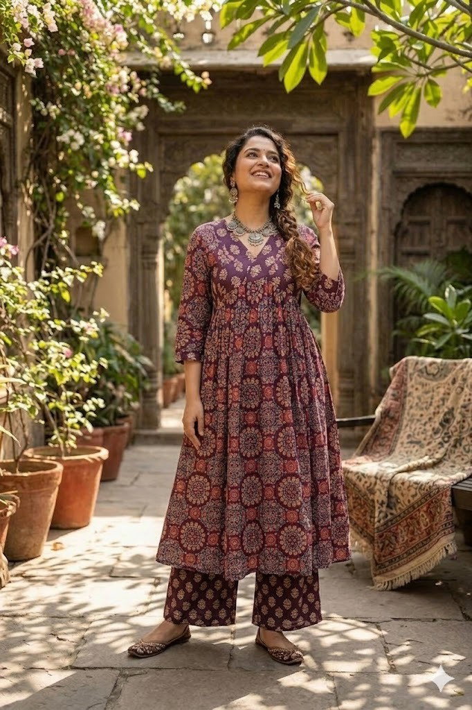 Lekha sumaiya Ajrakh Printed Cotton Top With Bottom