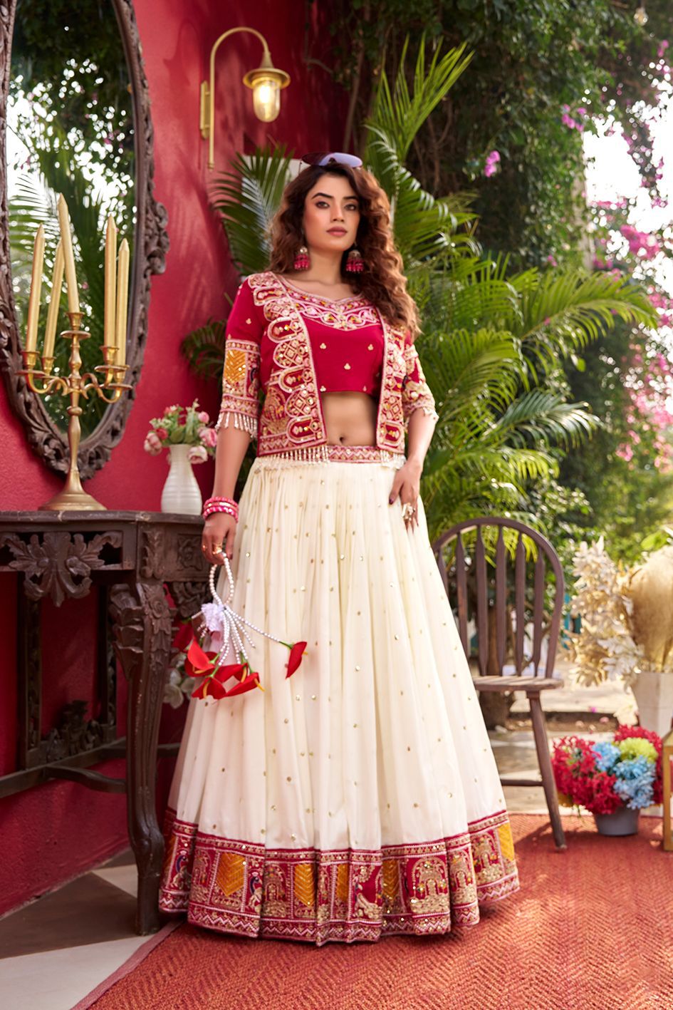 NCO 119 Pure Vichitra Heavy Embroidery Thread Work Lehenga Choli