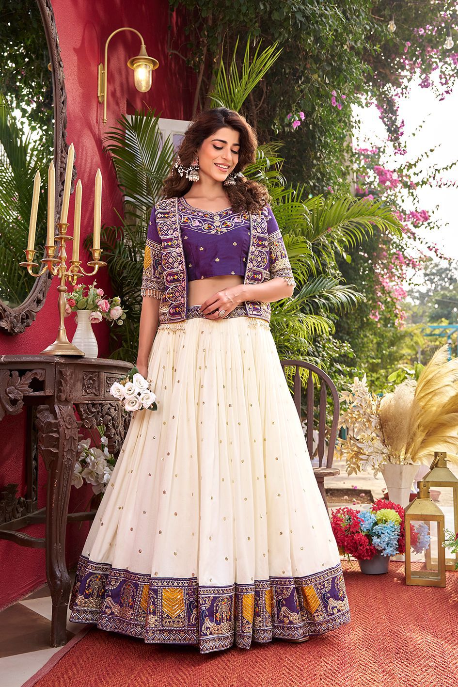 NCO 119 Pure Vichitra Heavy Embroidery Thread Work Lehenga Choli
