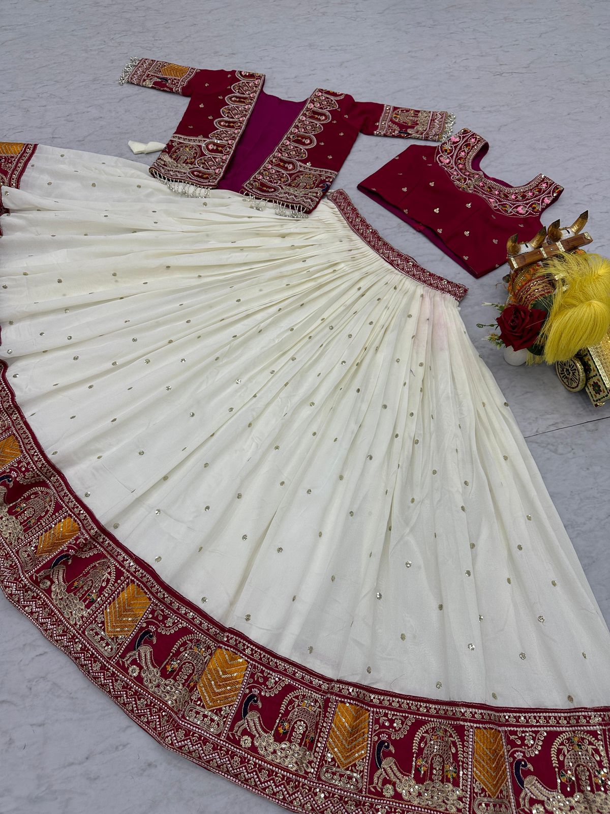 NCO 119 Pure Vichitra Heavy Embroidery Thread Work Lehenga Choli
