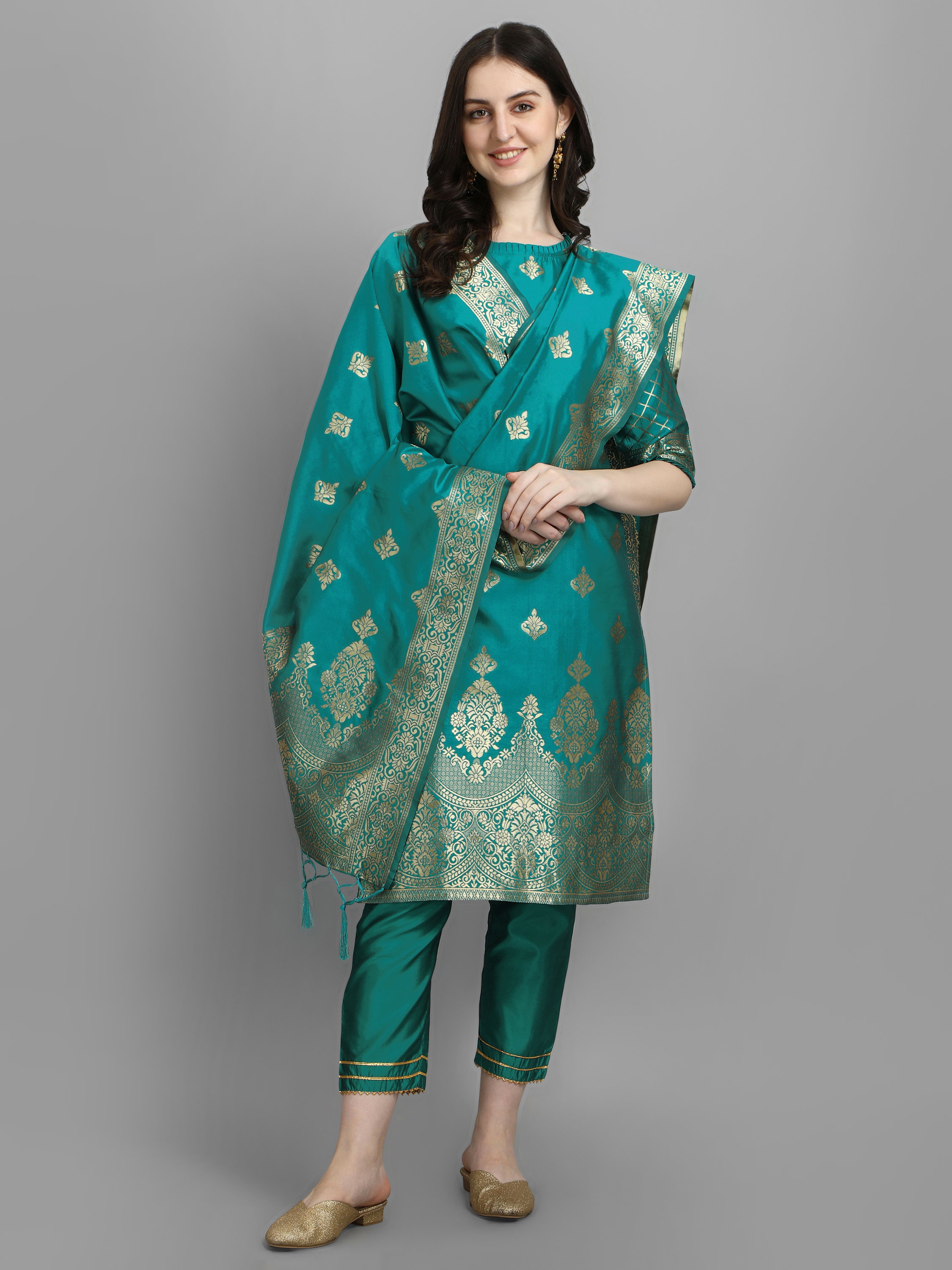 VP 9211 Rama Cotton Silk Kurta and Pant Set with Banarasi Silk Dupatta