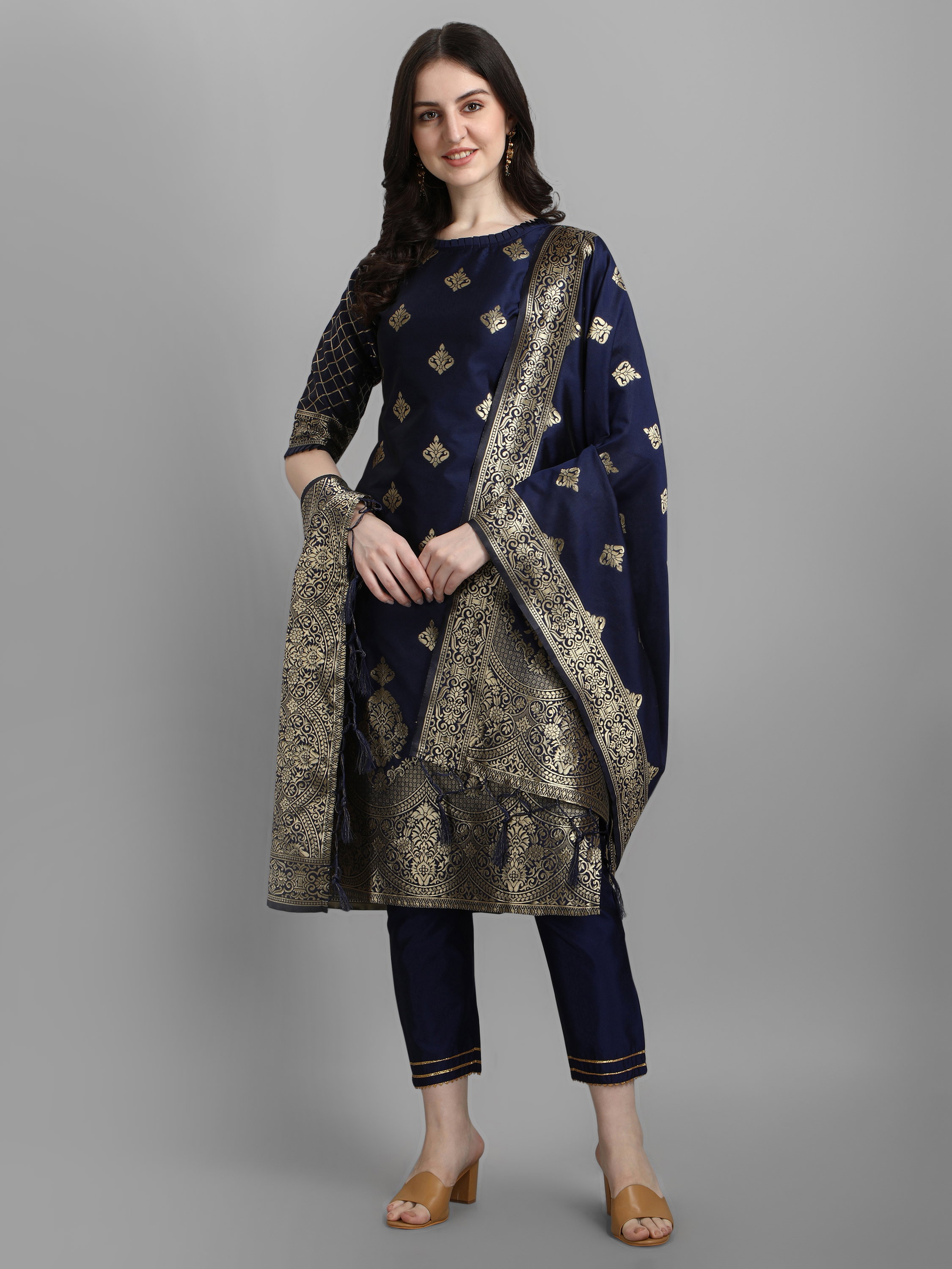 VP 9211 Blue Cotton Silk Kurta and Pant Set with Banarasi Silk Dupatta