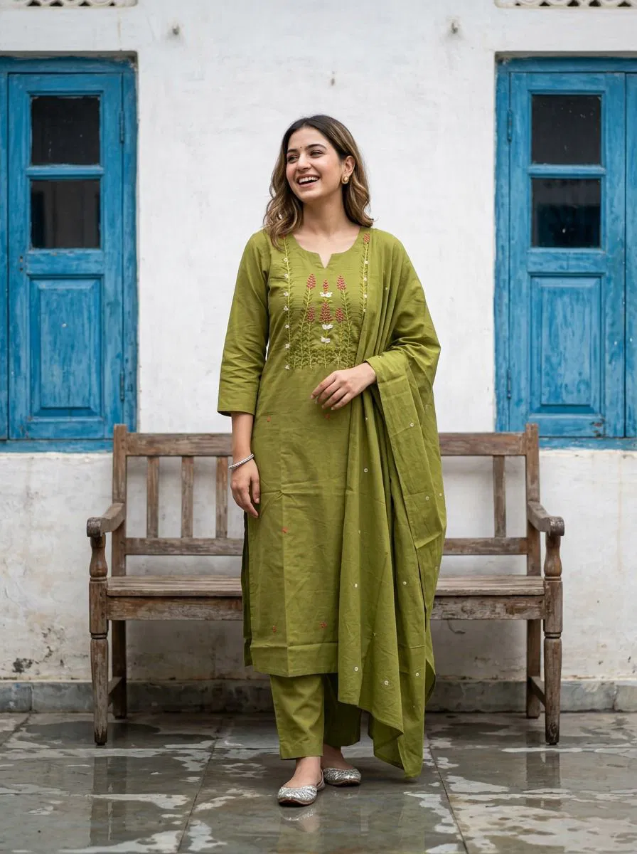 Naisha K 774 Cambric Cotton Embroidered Kurti With Bottom Dupatta