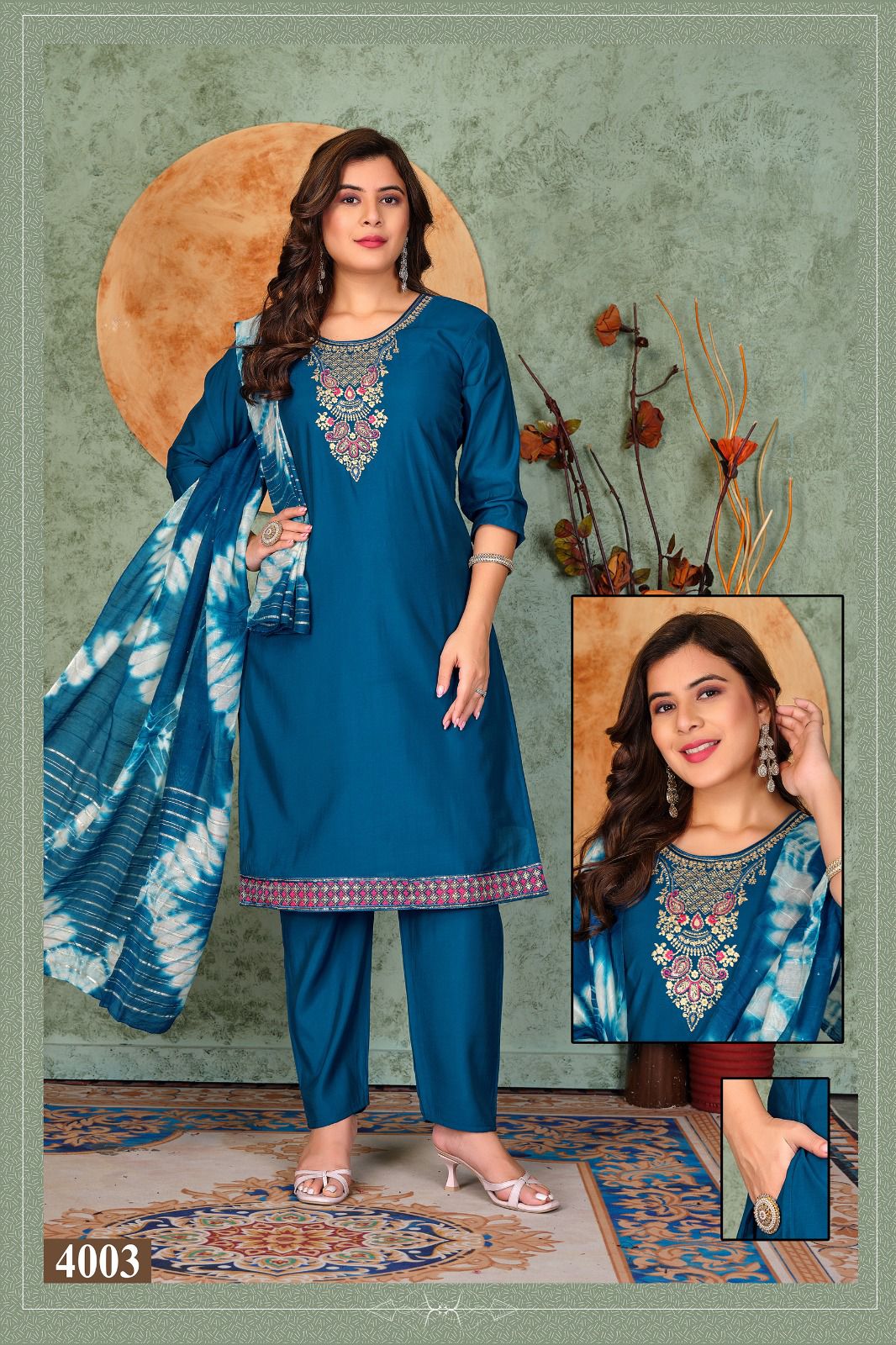 Dnp Noor Vol 3 Roman Silk Kurti Pent With Dupatta