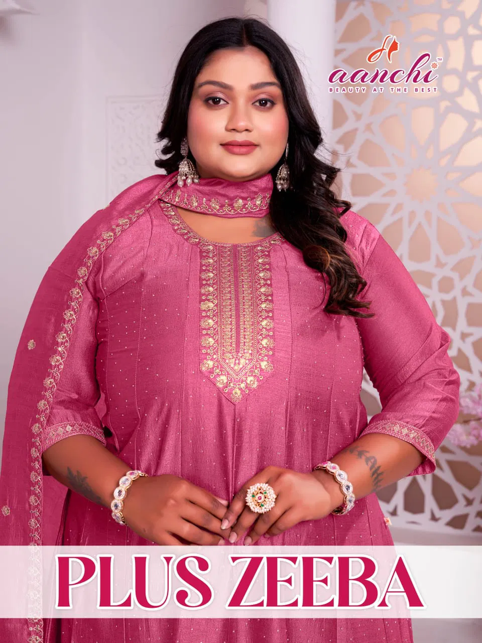 Aanchi Plus Zeeba Vichitra Silk Embroidered Kurti With Bottom Dupatta