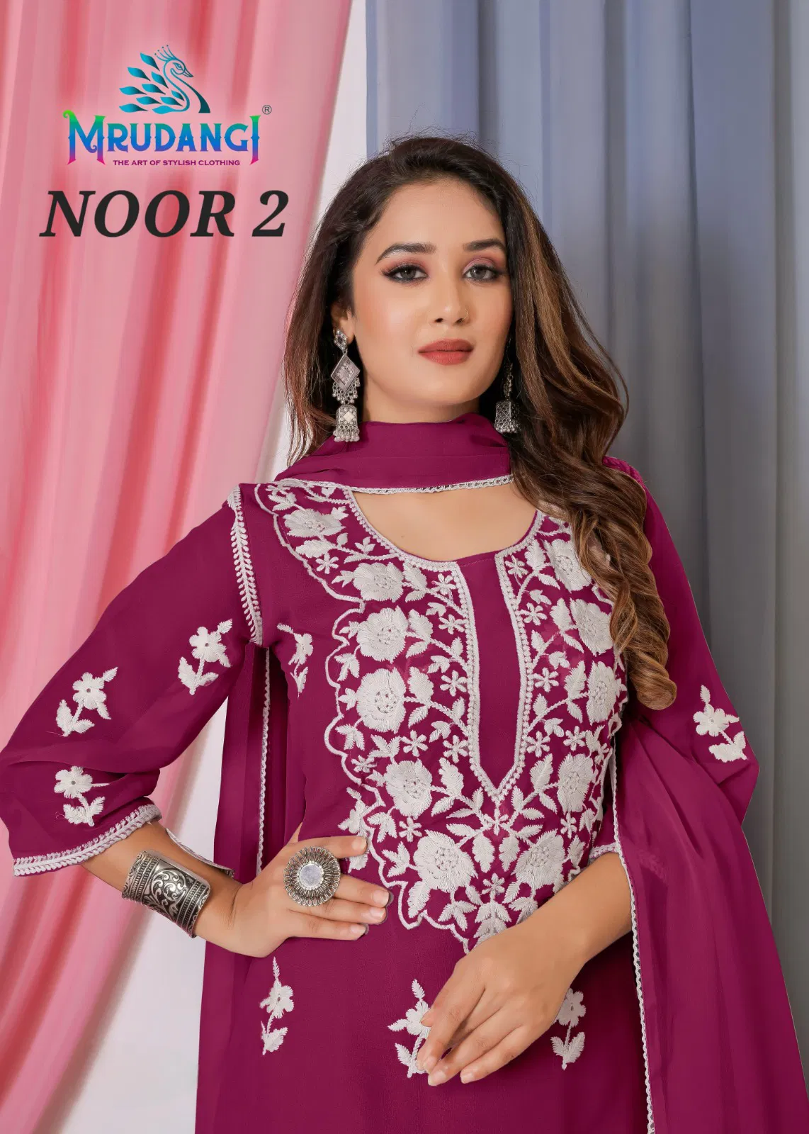 Mrudangi Noor 2 Bemberg Georgette With Cotton Thread Embroidered Kurti With Bottom Dupatta Collection