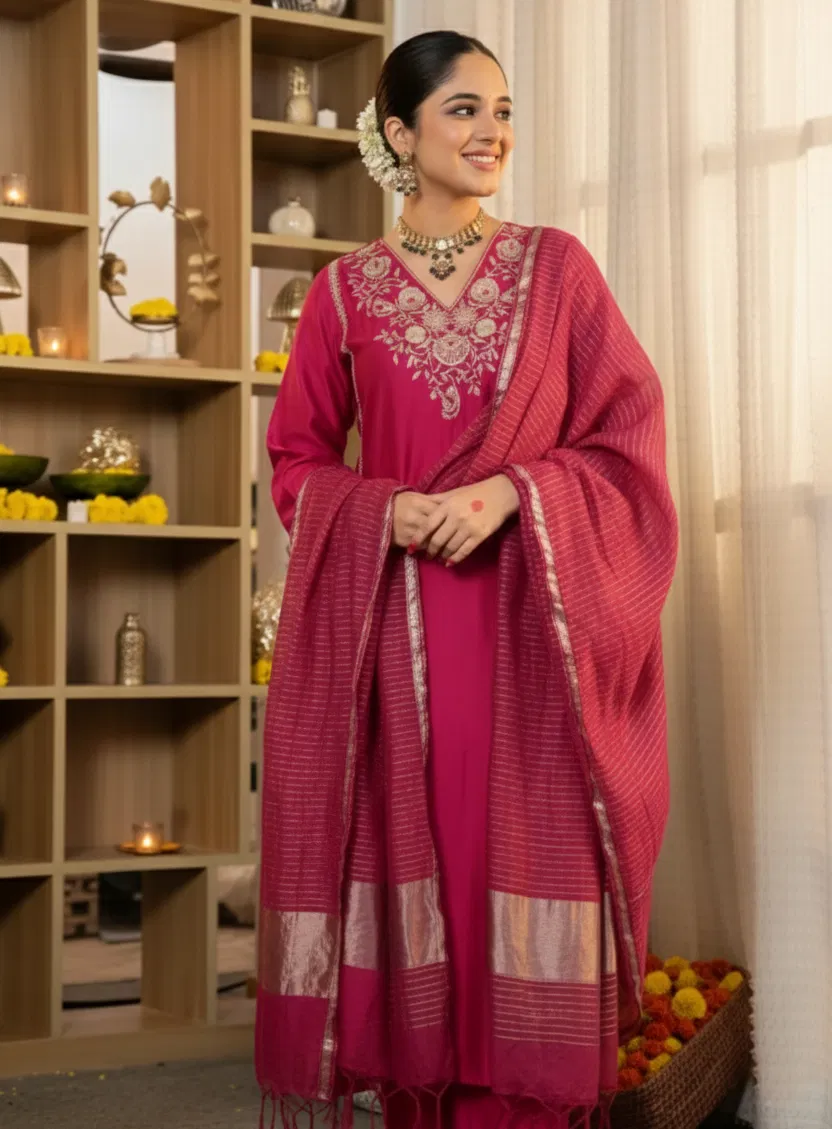 Dhruvi 424 Silk With Embroidery Kurti With Bottom Dupatta