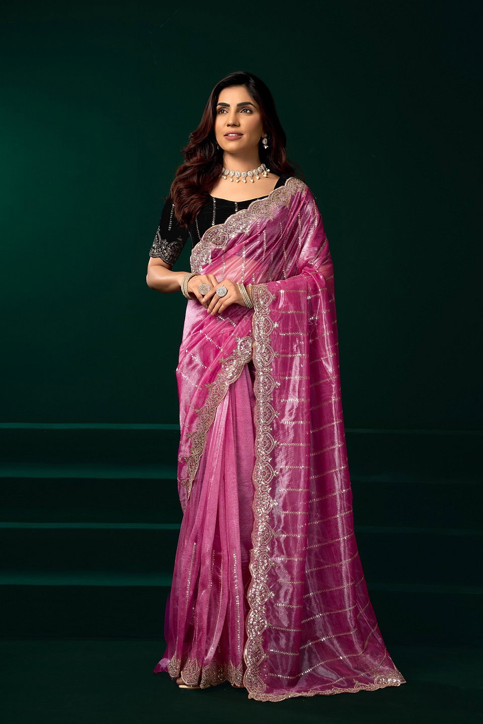 Party Wear Sequence Embroidery Worked Net Saree with Un Stitched Blouse