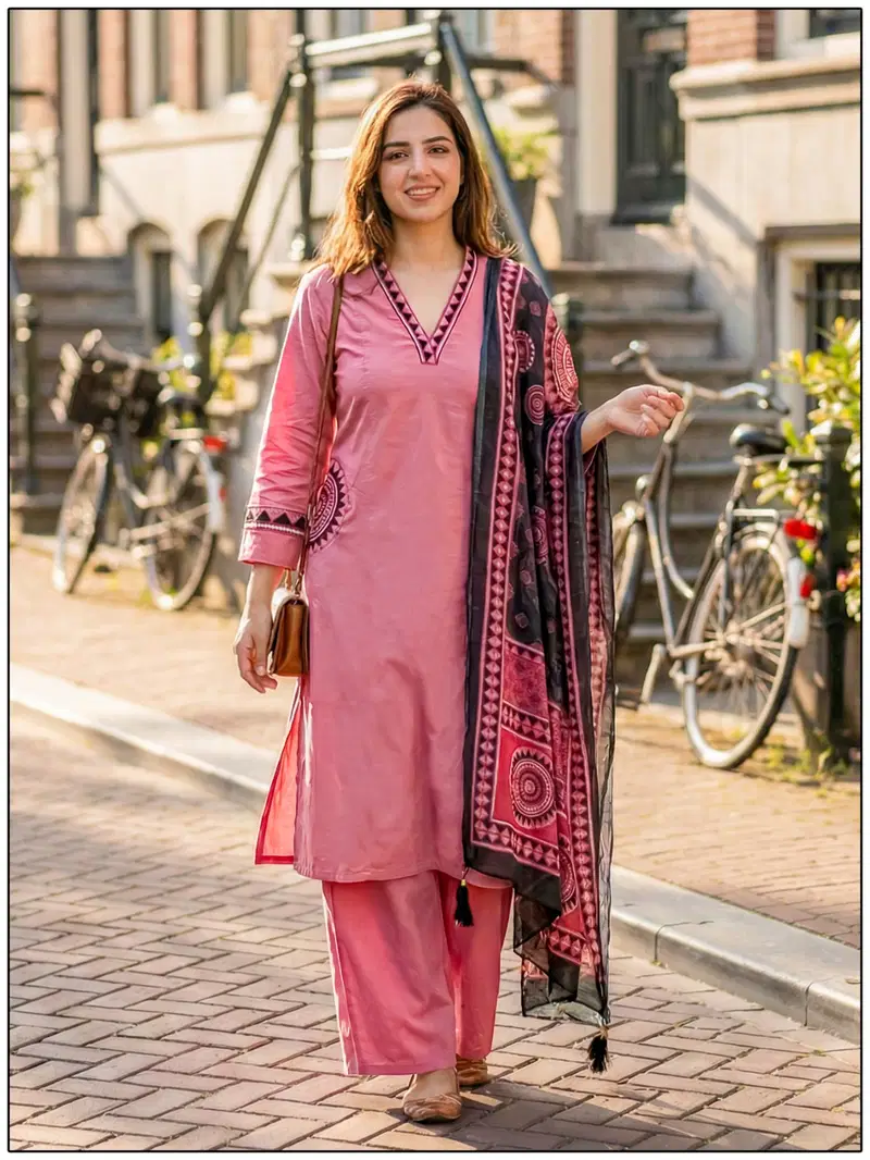 Naisha K 704 Pink Dhabu Cotton A Line Kurti Pant And Dupatta Collection