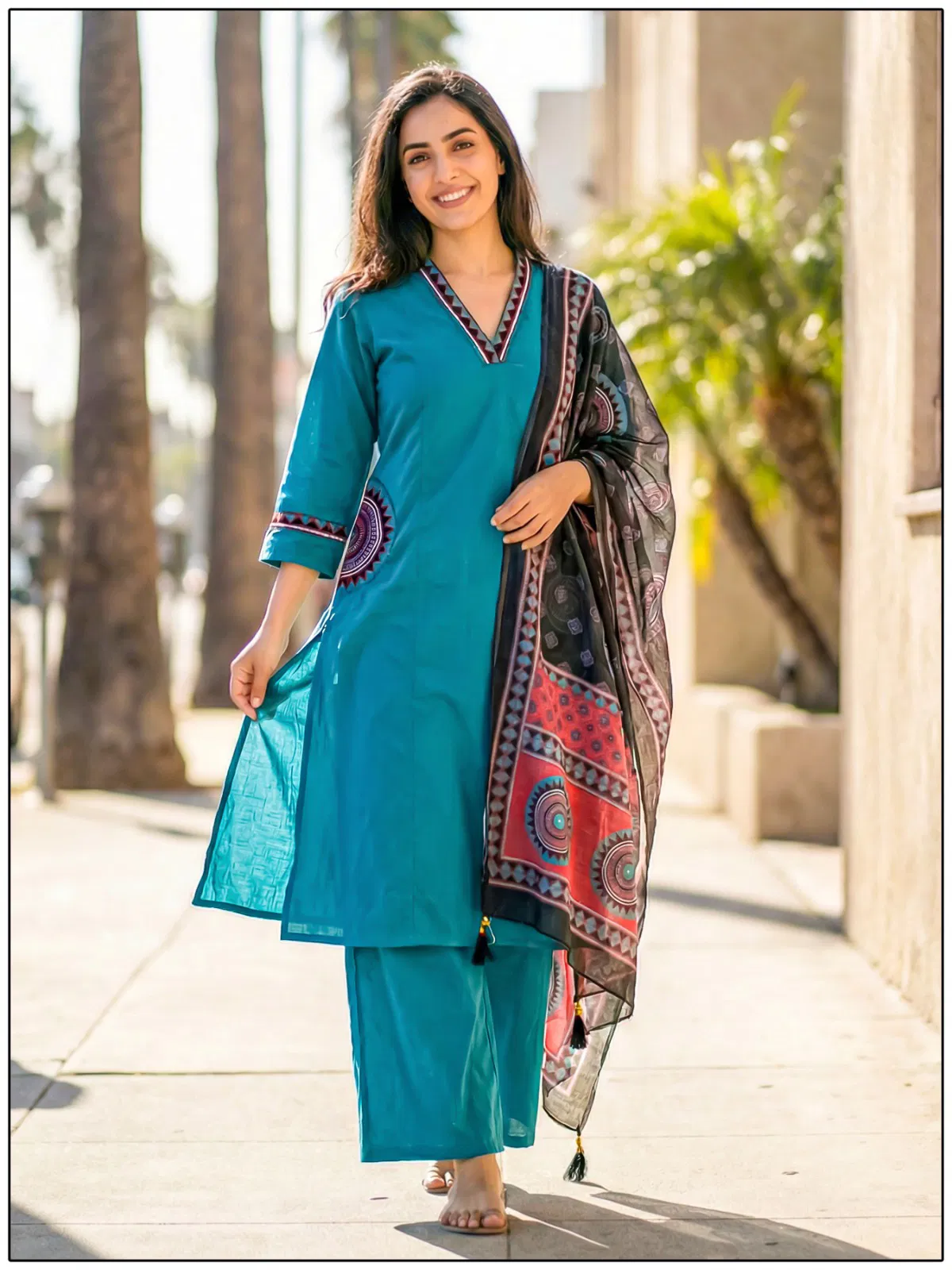 Naisha K 704 Blue Dhabu Cotton A Line Kurti With Bottom Dupatta Colelction