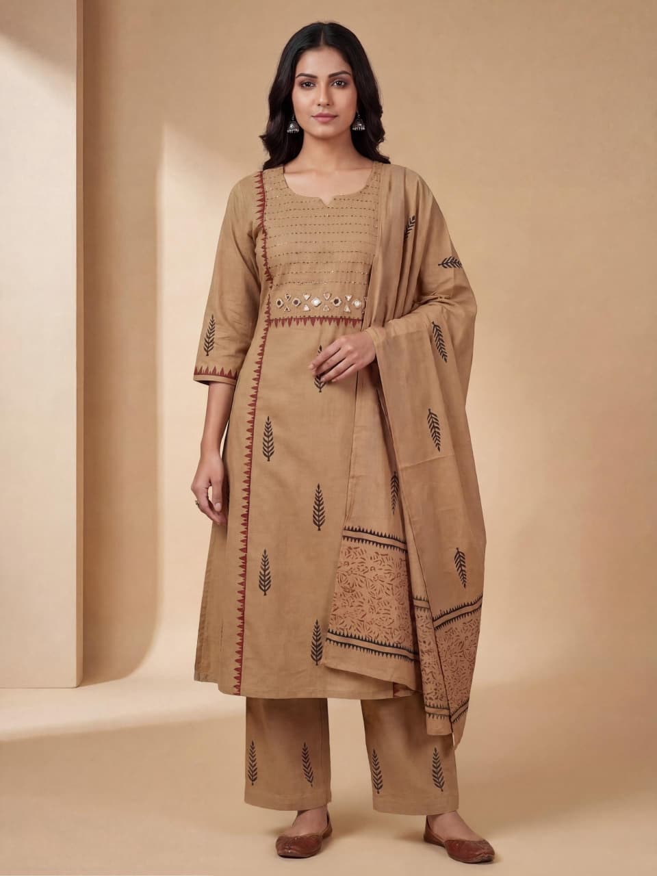 VP 374 Patta Cream Cotton Kurta 3pc Set 