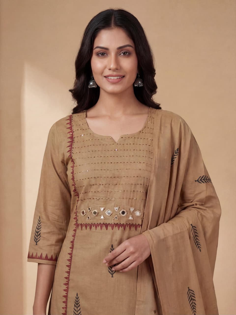 VP 374 Patta Cream Cotton Kurta 3pc Set 