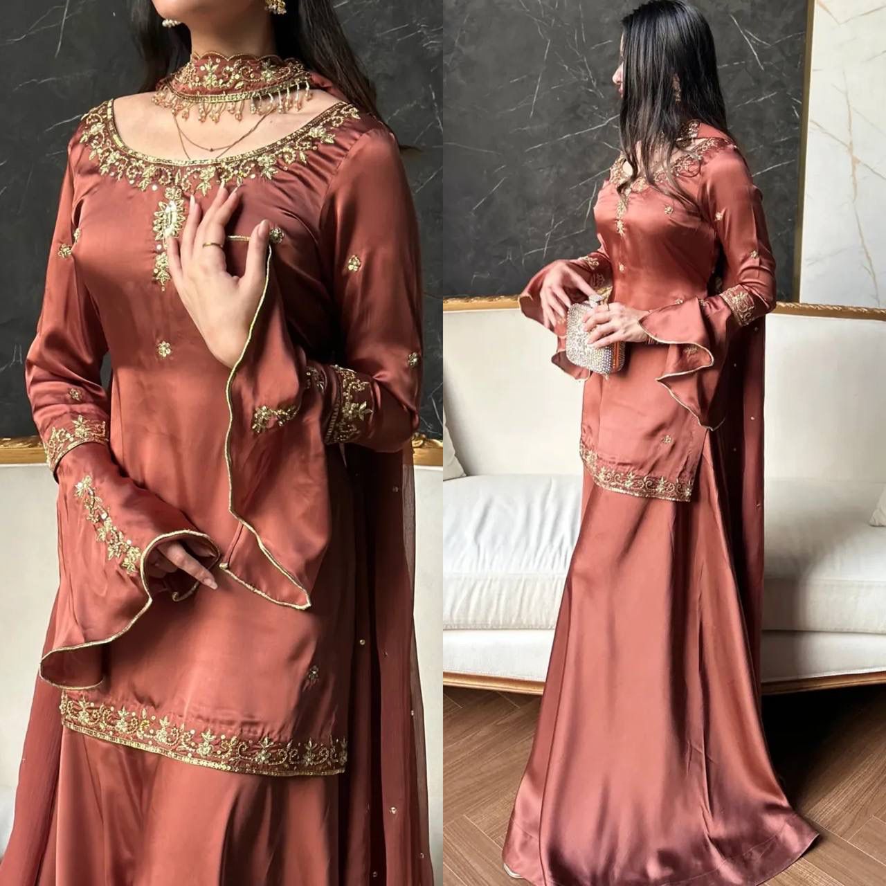 NCO 129 HMF Heavy Natural Crepe Silk Embroidery Sequins Work Top Sharara Plazzo With Dupatta