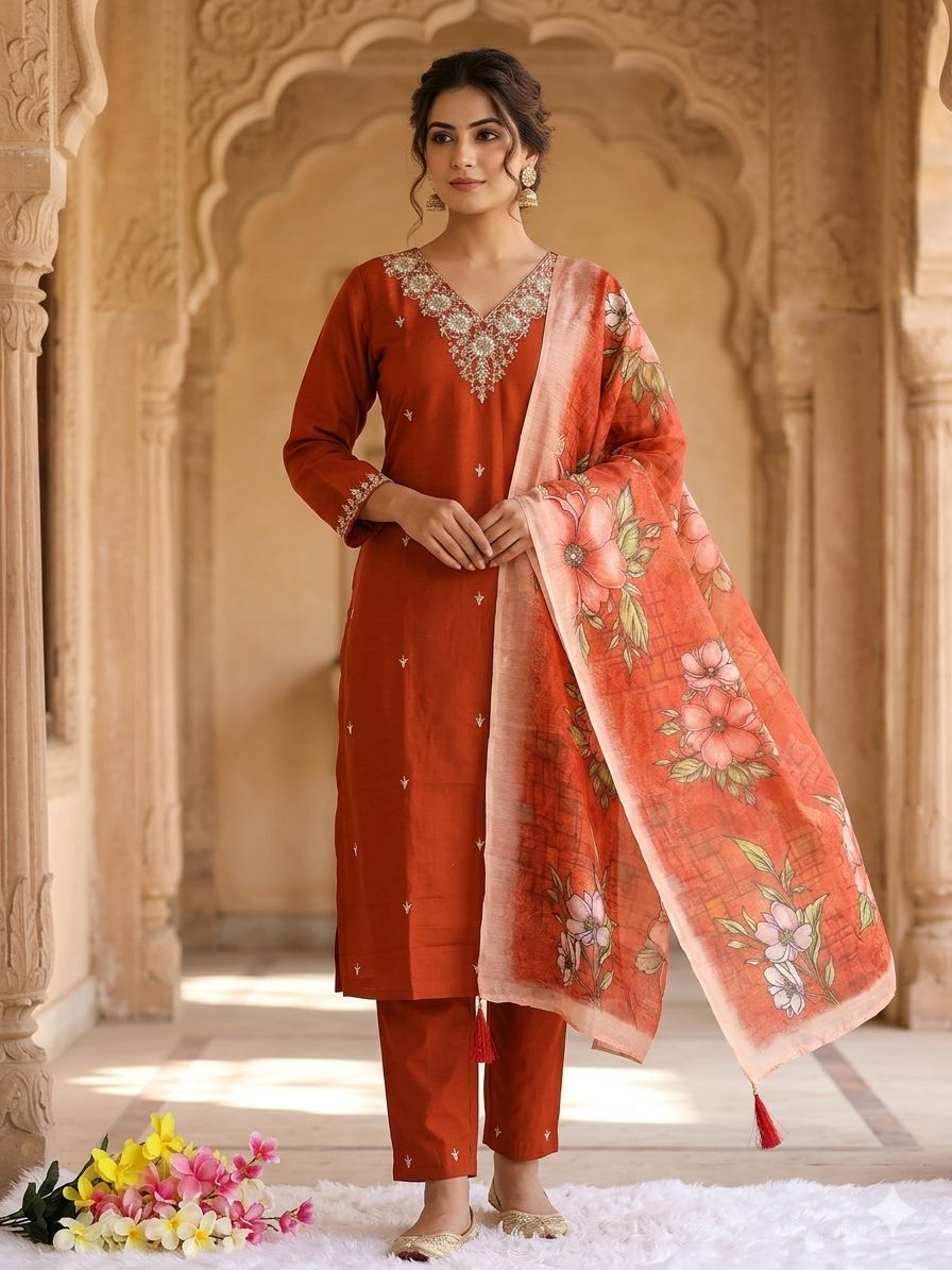 NCO 131 Roman Silk Embroidery Sequins Work Kurti Bottom With Dupatta