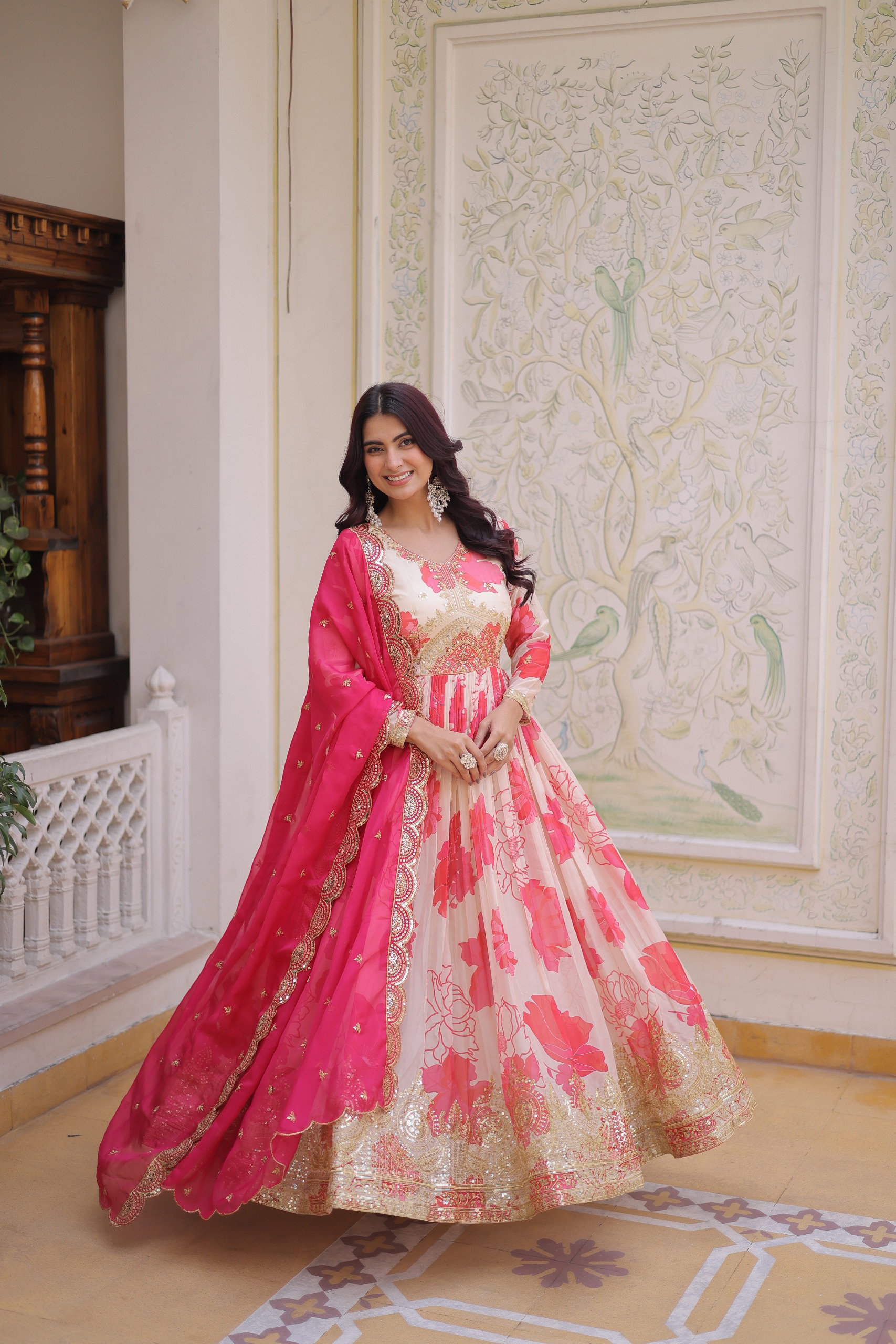 Lekha KA 1242 Russian Silk Digital Printed Embroidery Sequins Work Gown With Dupatta