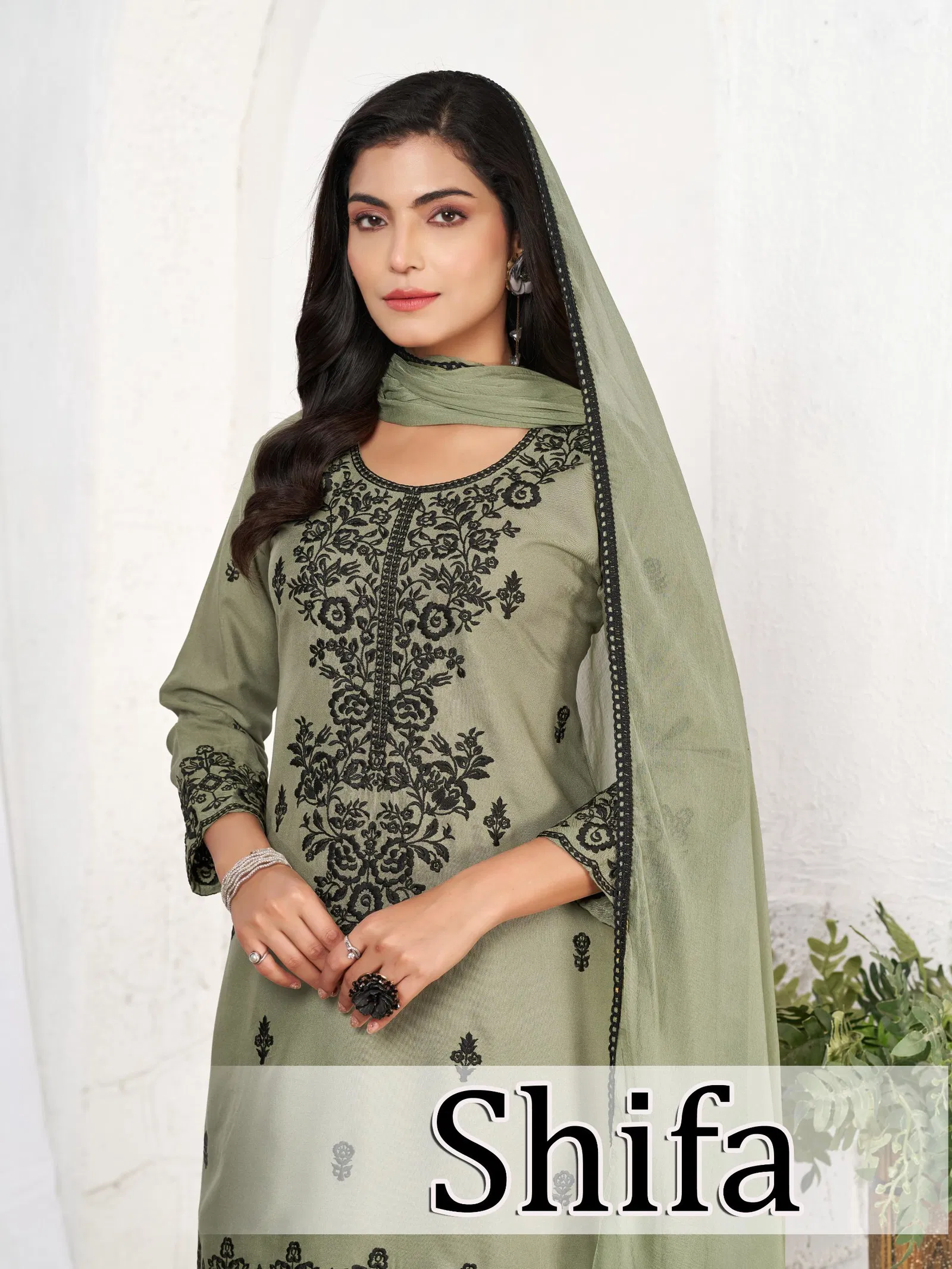 Blue Hills Shifa Rayon With Black Thread Worked Kurti With Bottom Dupatta