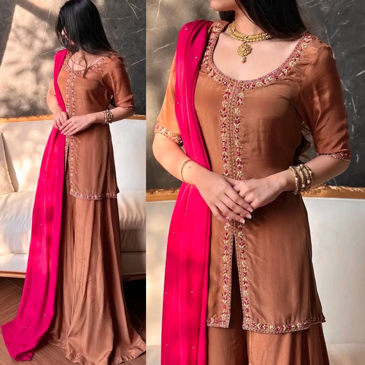 NCO 132 HMC Crepe Silk Heavy Multi Needle Work With Sequins Embroidery Top Sharara Plazzo with Dupatta