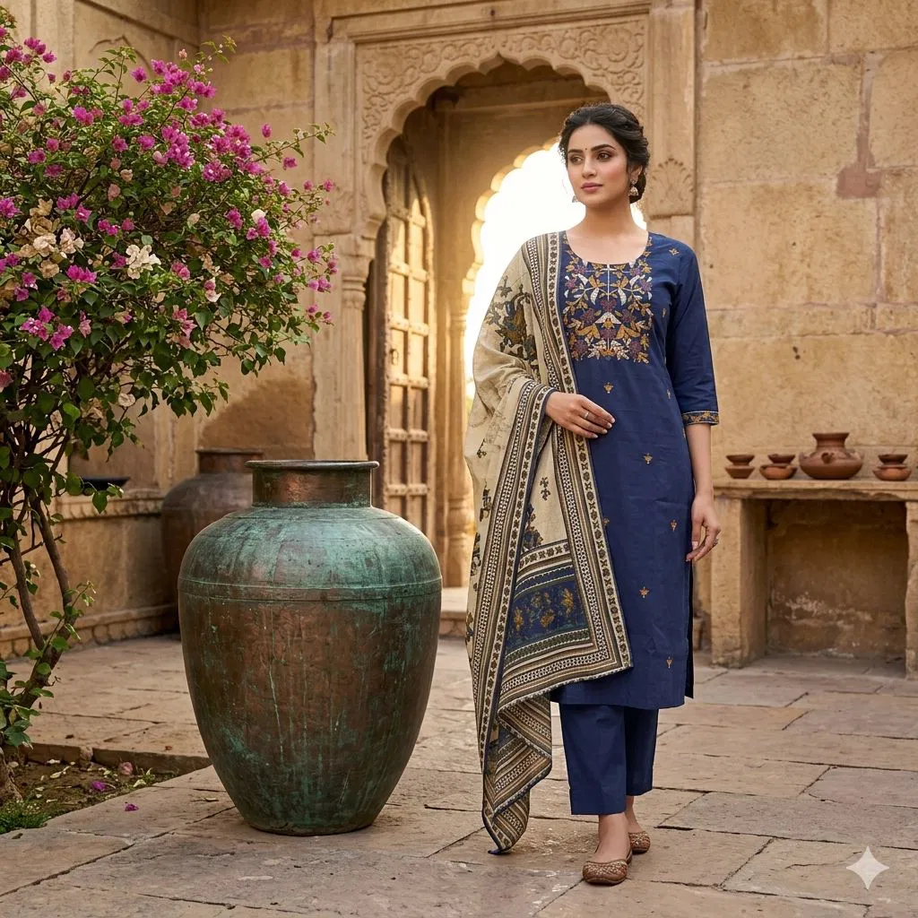 Naisha K 783 Pure Dhabu Cotton With Yoke Embroidery Designer Suit Collection