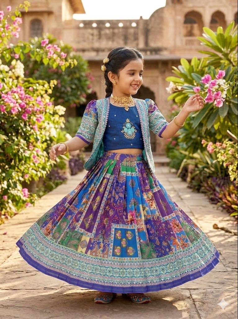 St D No 98 Chinon Silk Digital Printed Kids Lehenga Choli With Koti