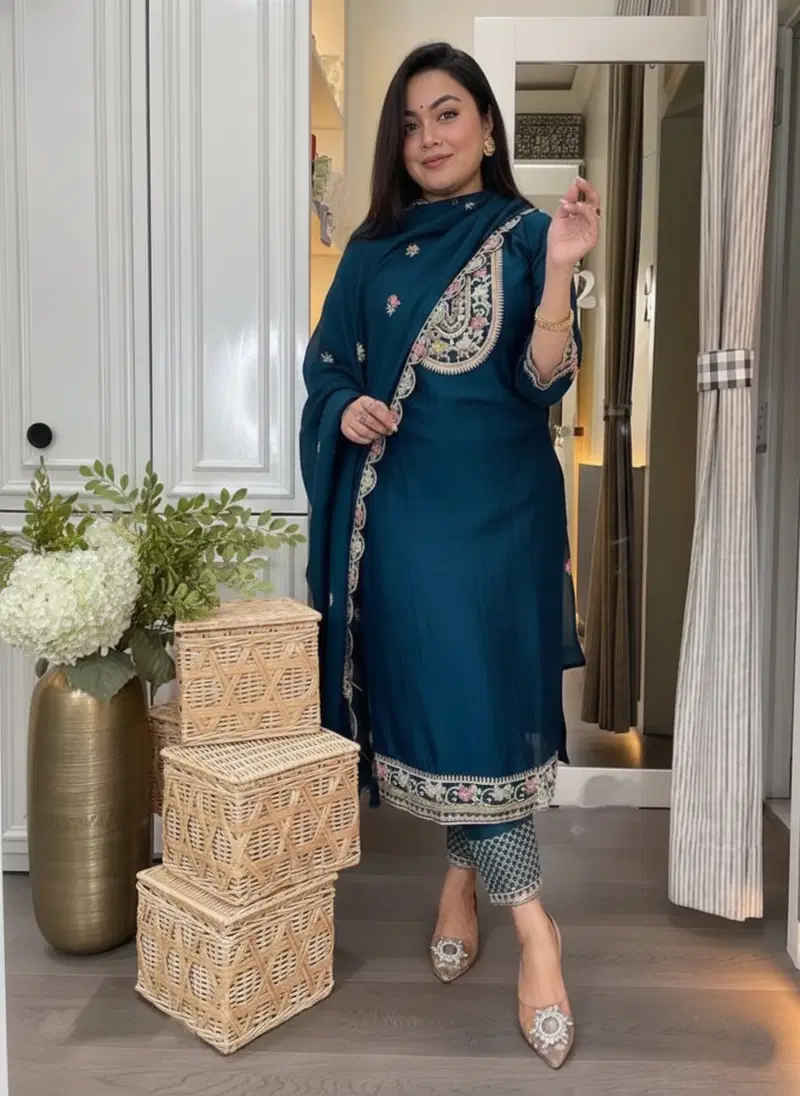 Dhruvi 429 Silk With Neck Handworked Kurti With Bottom Dupatta