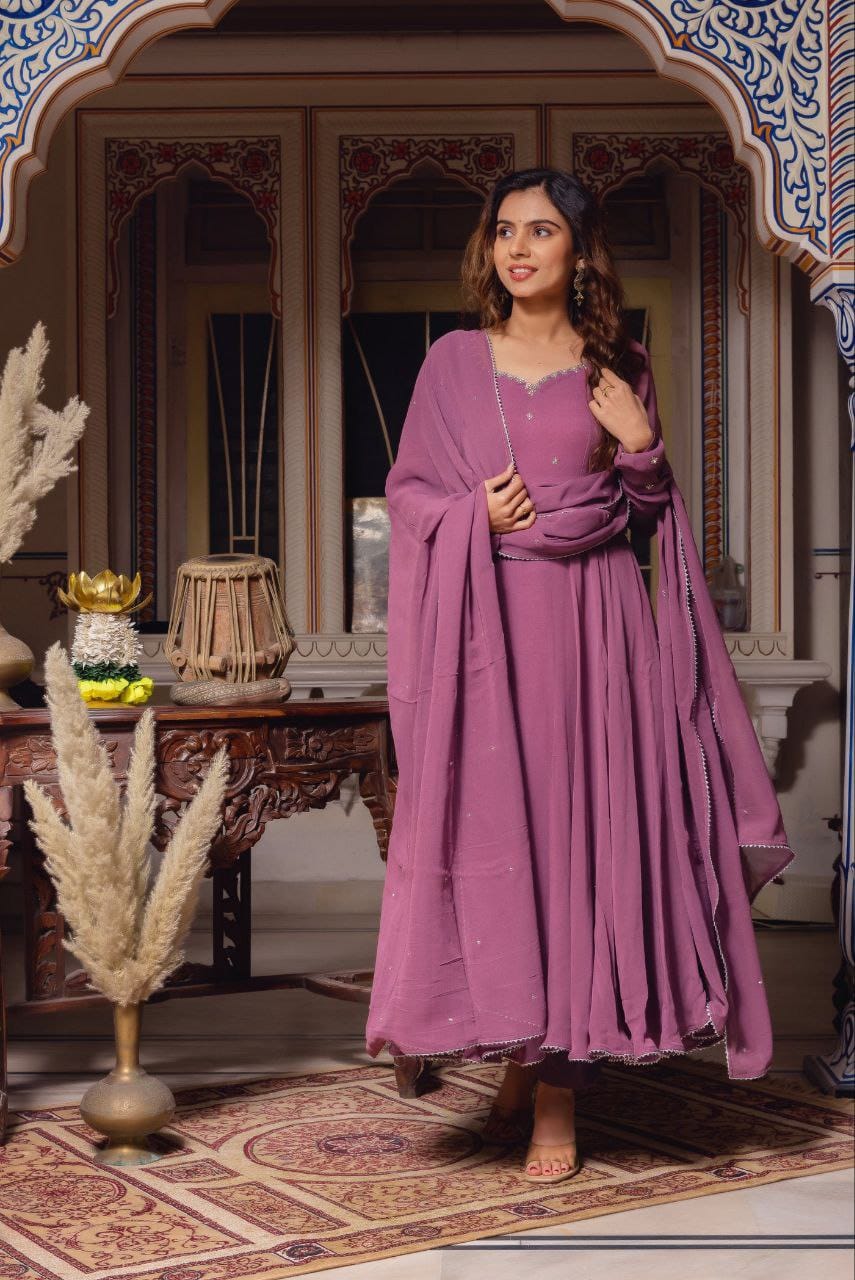 Lekha YC 093 Fau Georgette Plum HAndwork Anarkali Gown