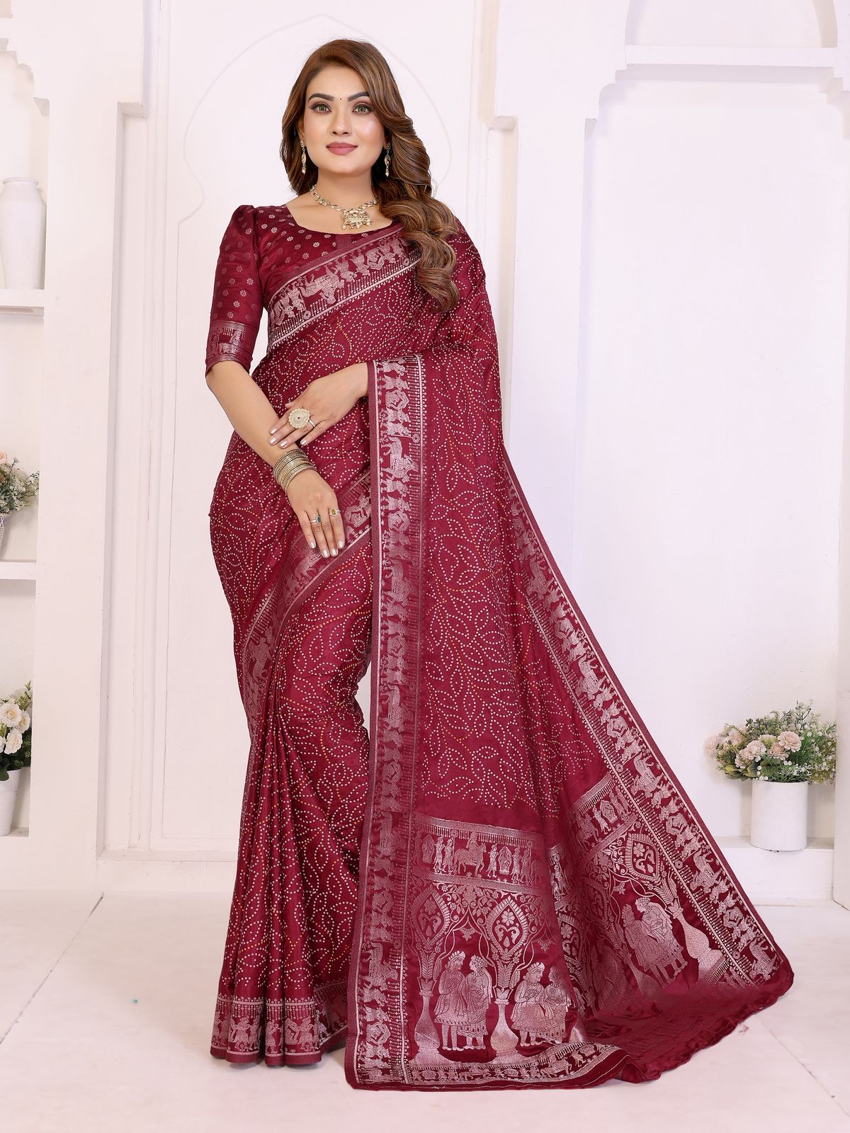 Lekha VC Shivali Soft Satin Silk Bandhej Print Zari Weaving Saree