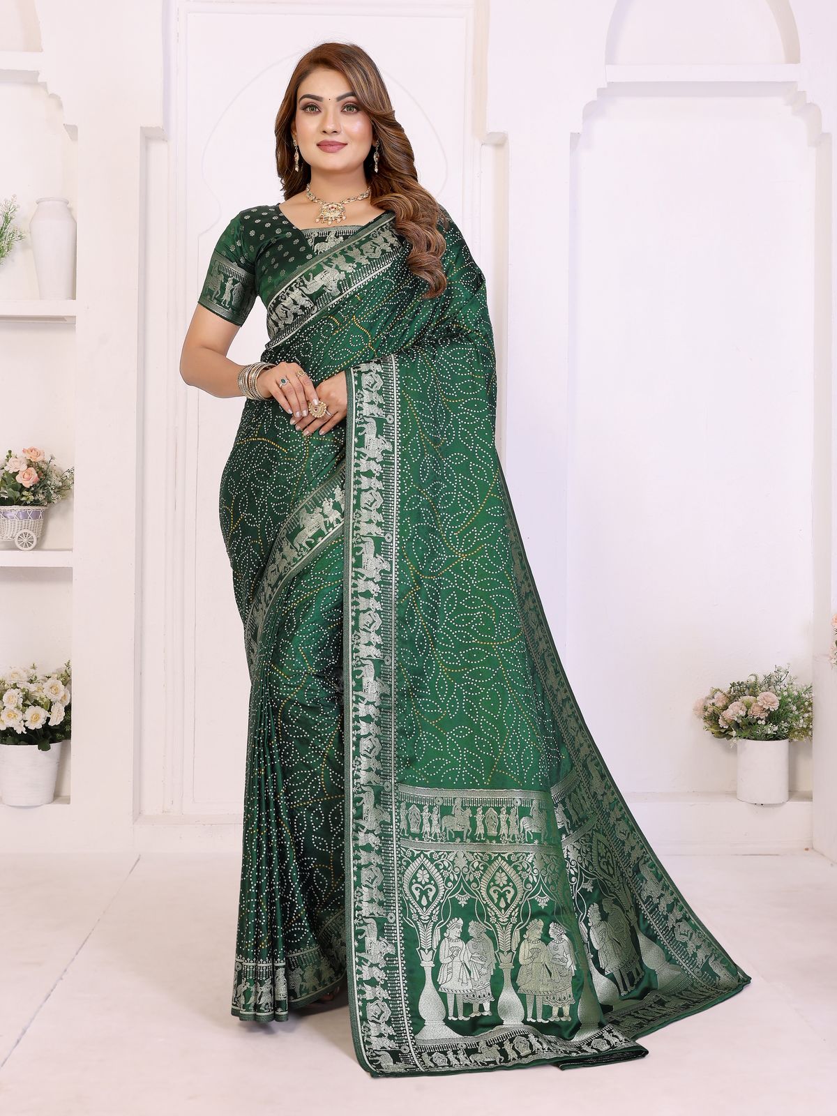 Lekha VC Shivali Soft Satin Silk Bandhej Print Zari Weaving Saree
