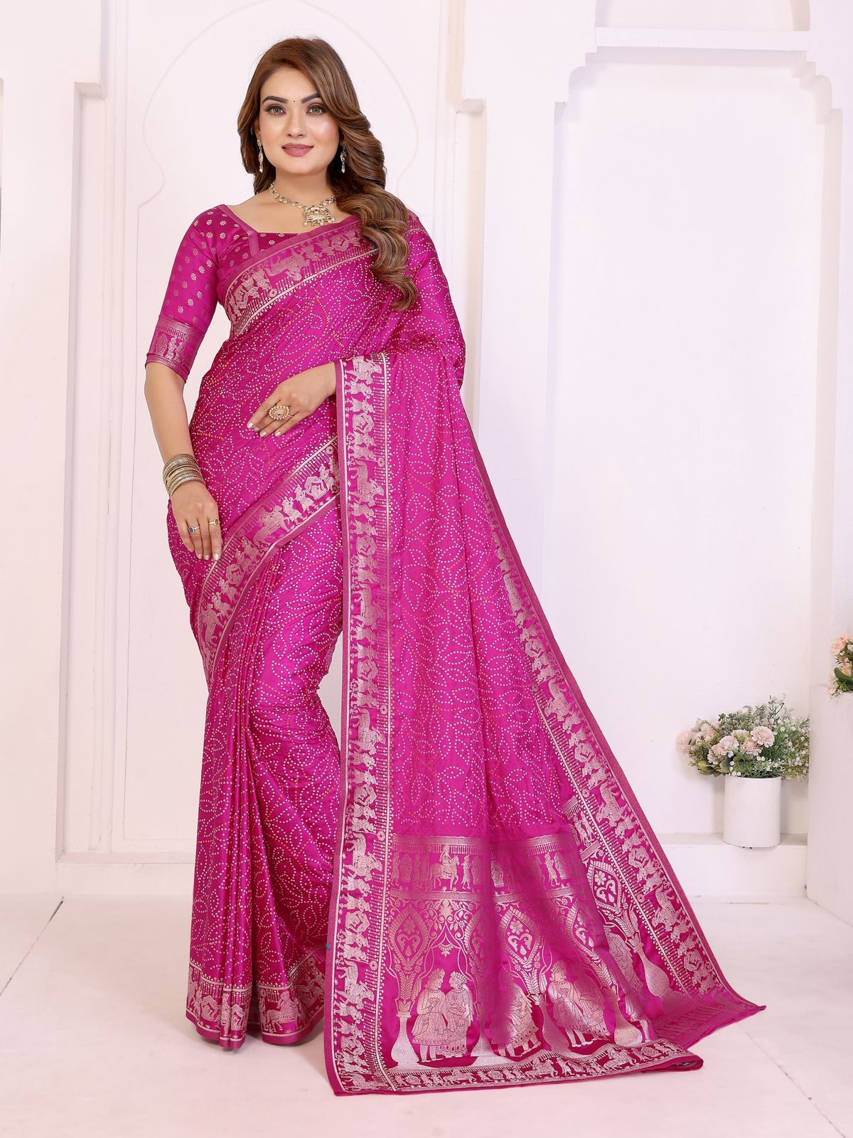 Lekha VC Shivali Soft Satin Silk Bandhej Print Zari Weaving Saree