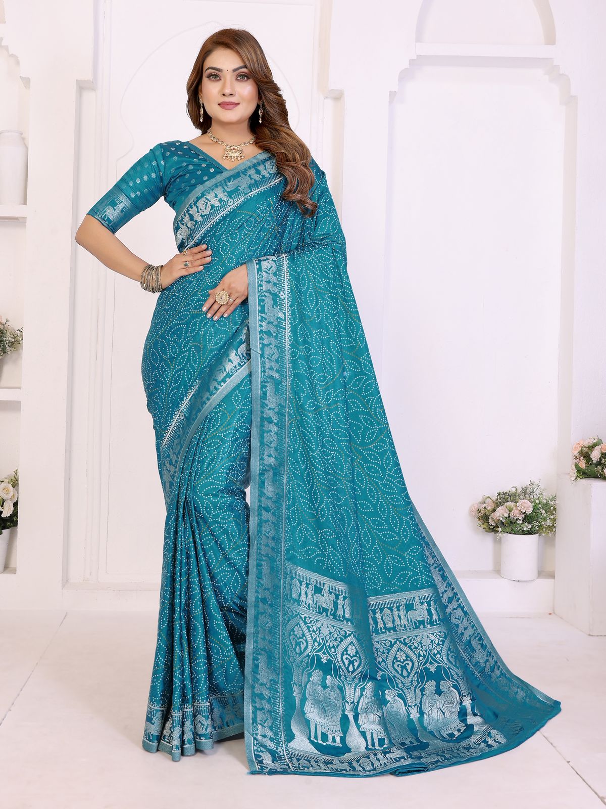 Lekha VC Shivali Soft Satin Silk Bandhej Print Zari Weaving Saree