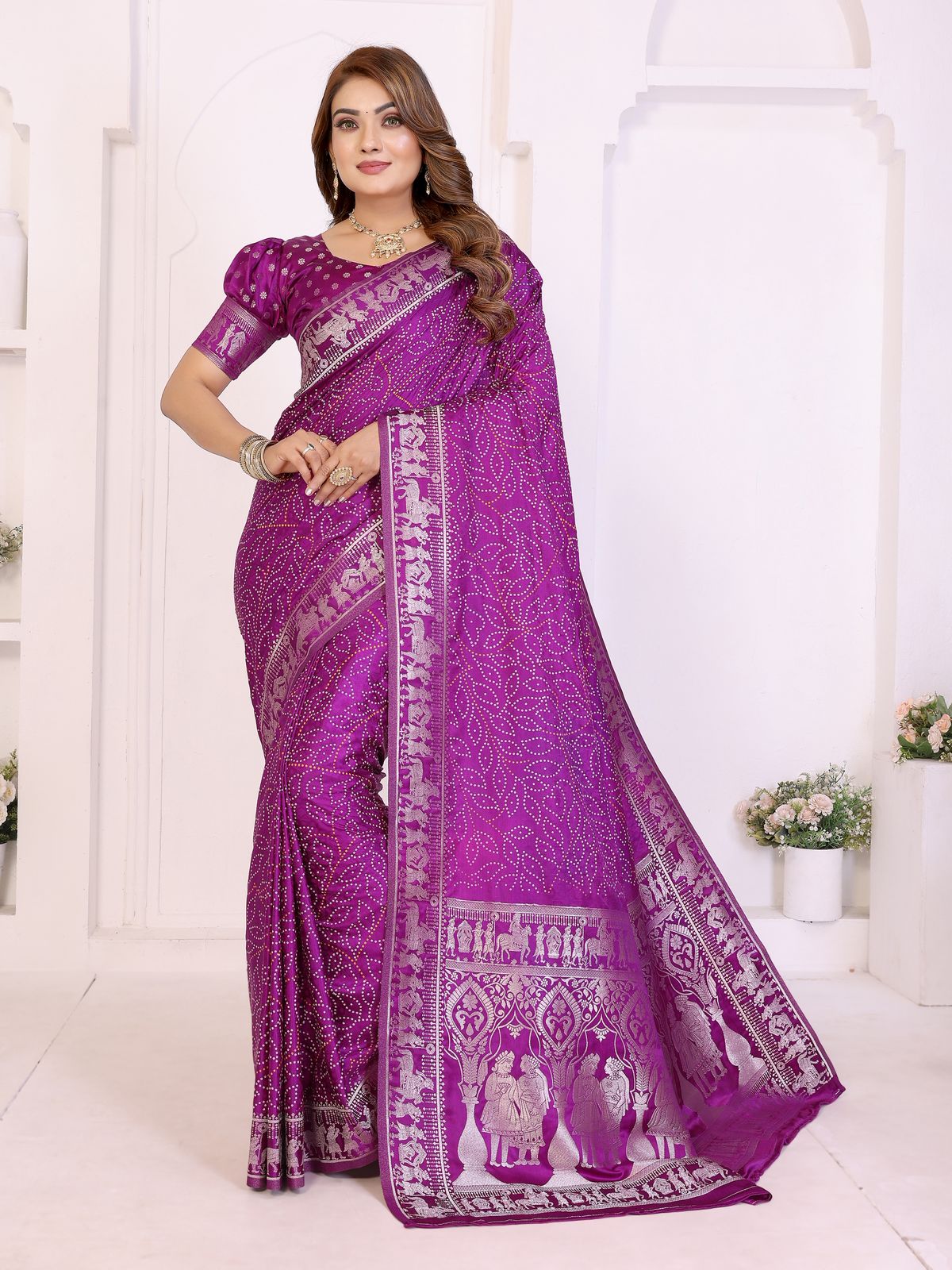 Lekha VC Shivali Soft Satin Silk Bandhej Print Zari Weaving Saree