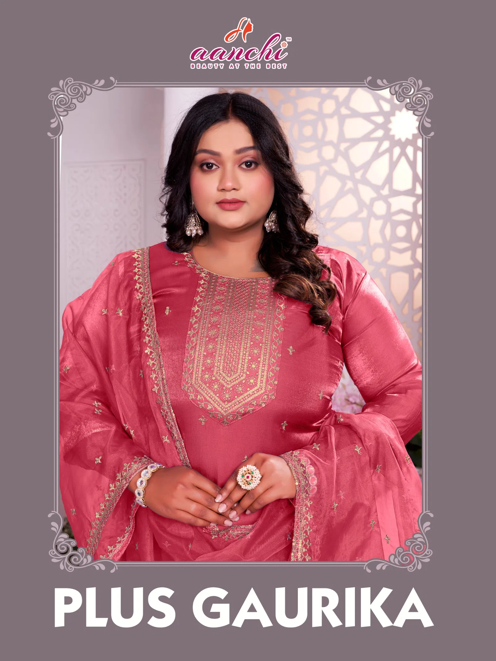 Aanchi Plus Gaurika Glass Roman With Embroidered Kurti With Bottom Dupatta