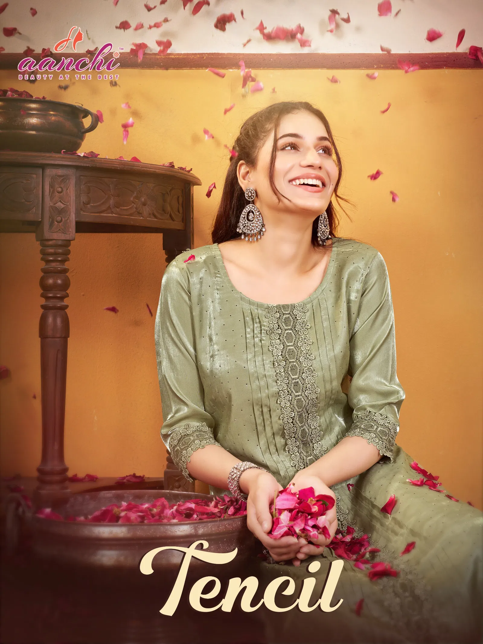 Aanchi Tencil Galaxy Satin Diamond Work Kurti Collection