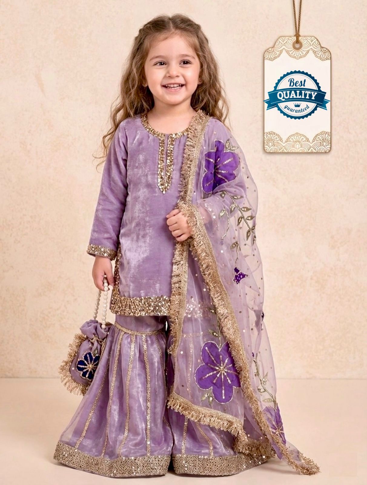 OC 242 Heavy Pure GMY Silk Kids Top Sharara And Dupatta Set