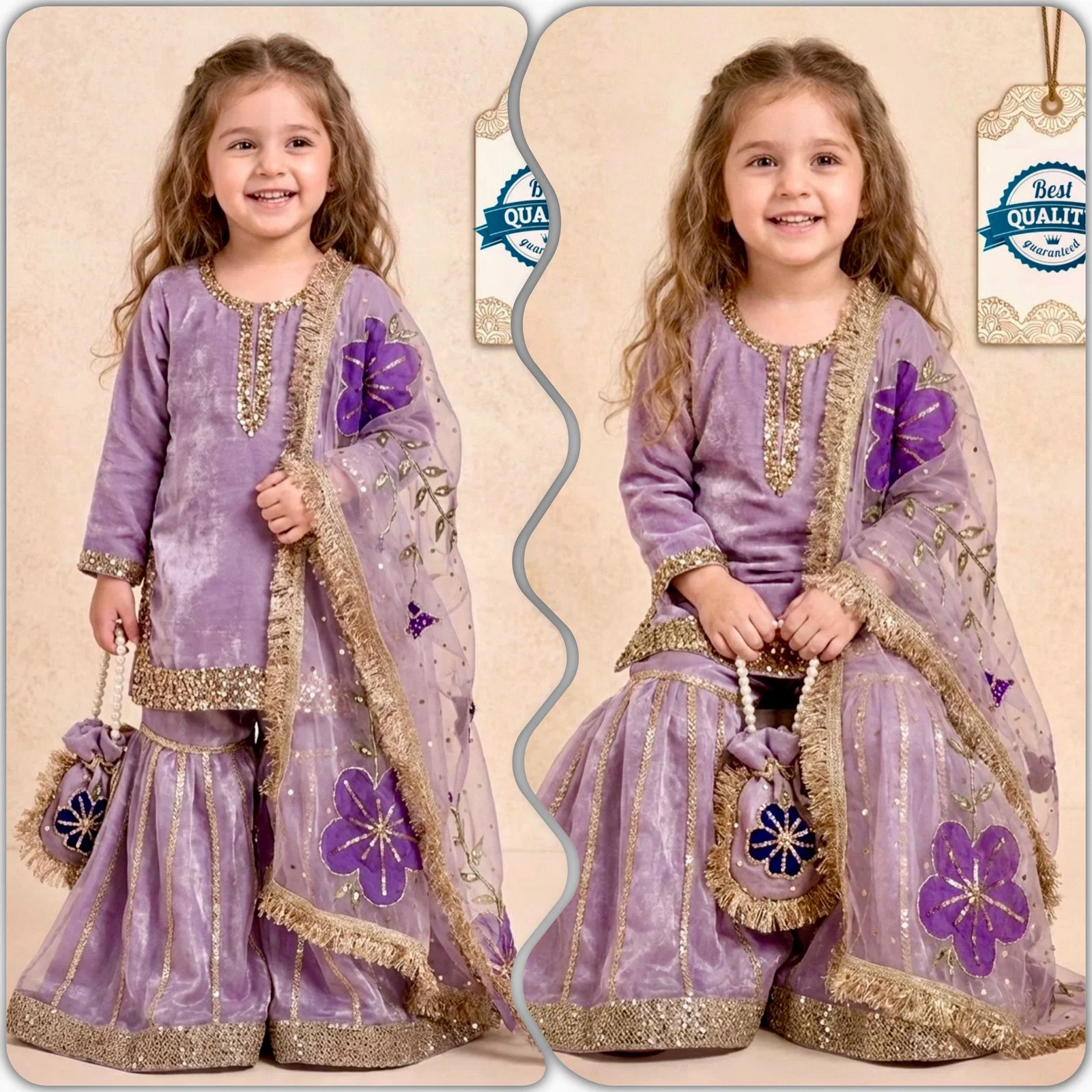 OC 242 Heavy Pure GMY Silk Kids Top Sharara And Dupatta Set