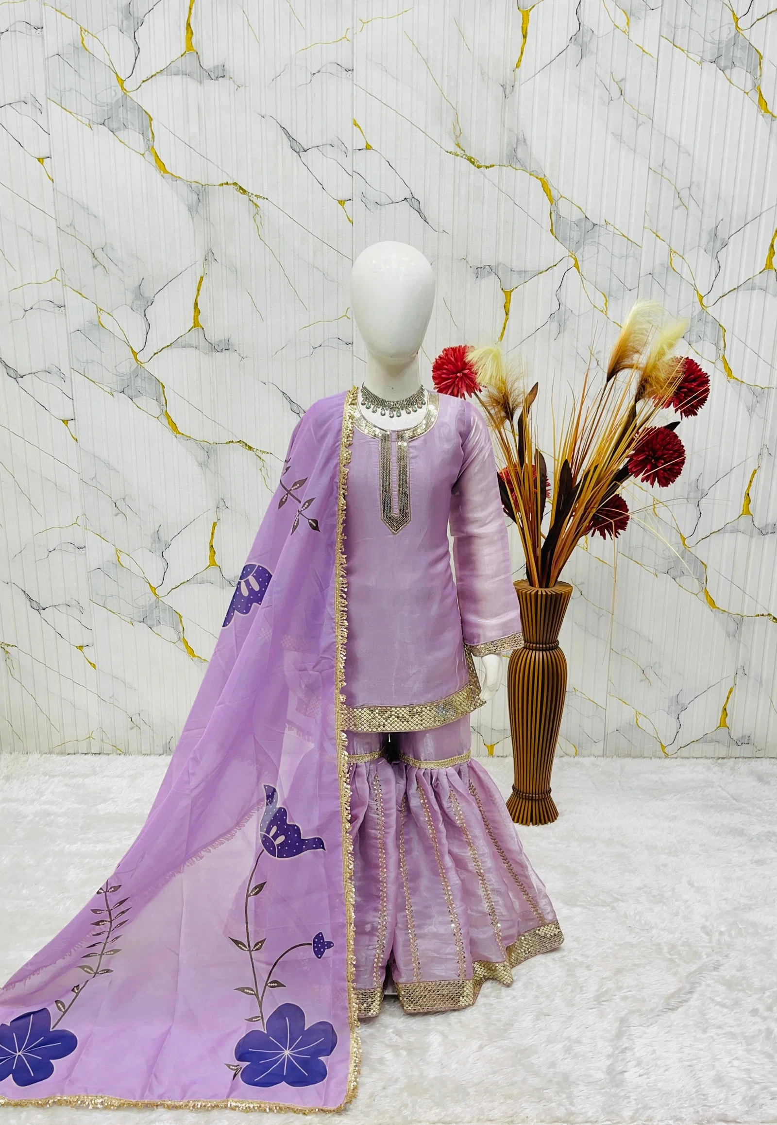 OC 242 Heavy Pure GMY Silk Kids Top Sharara And Dupatta Set
