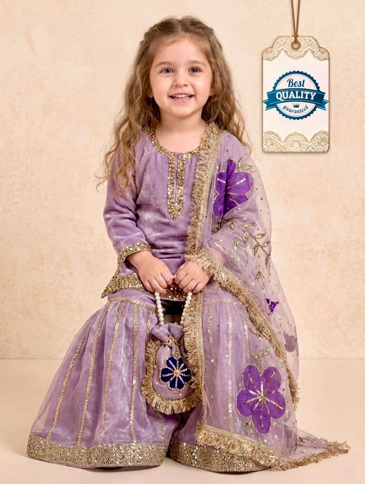 OC 242 Heavy Pure GMY Silk Kids Top Sharara And Dupatta Set