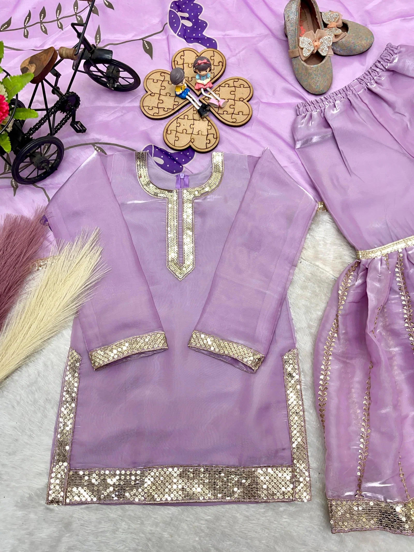 OC 242 Heavy Pure GMY Silk Kids Top Sharara And Dupatta Set