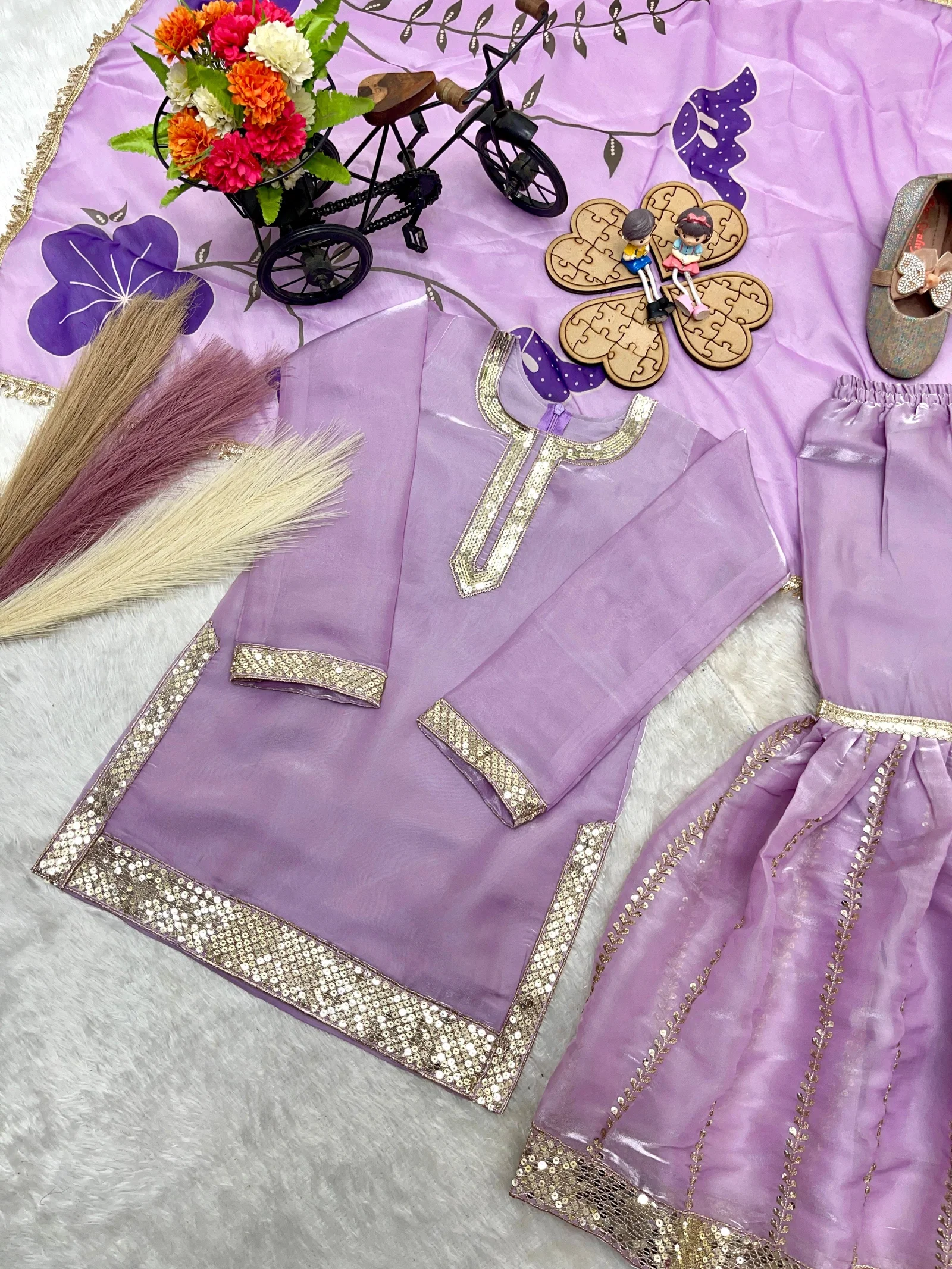 OC 242 Heavy Pure GMY Silk Kids Top Sharara And Dupatta Set
