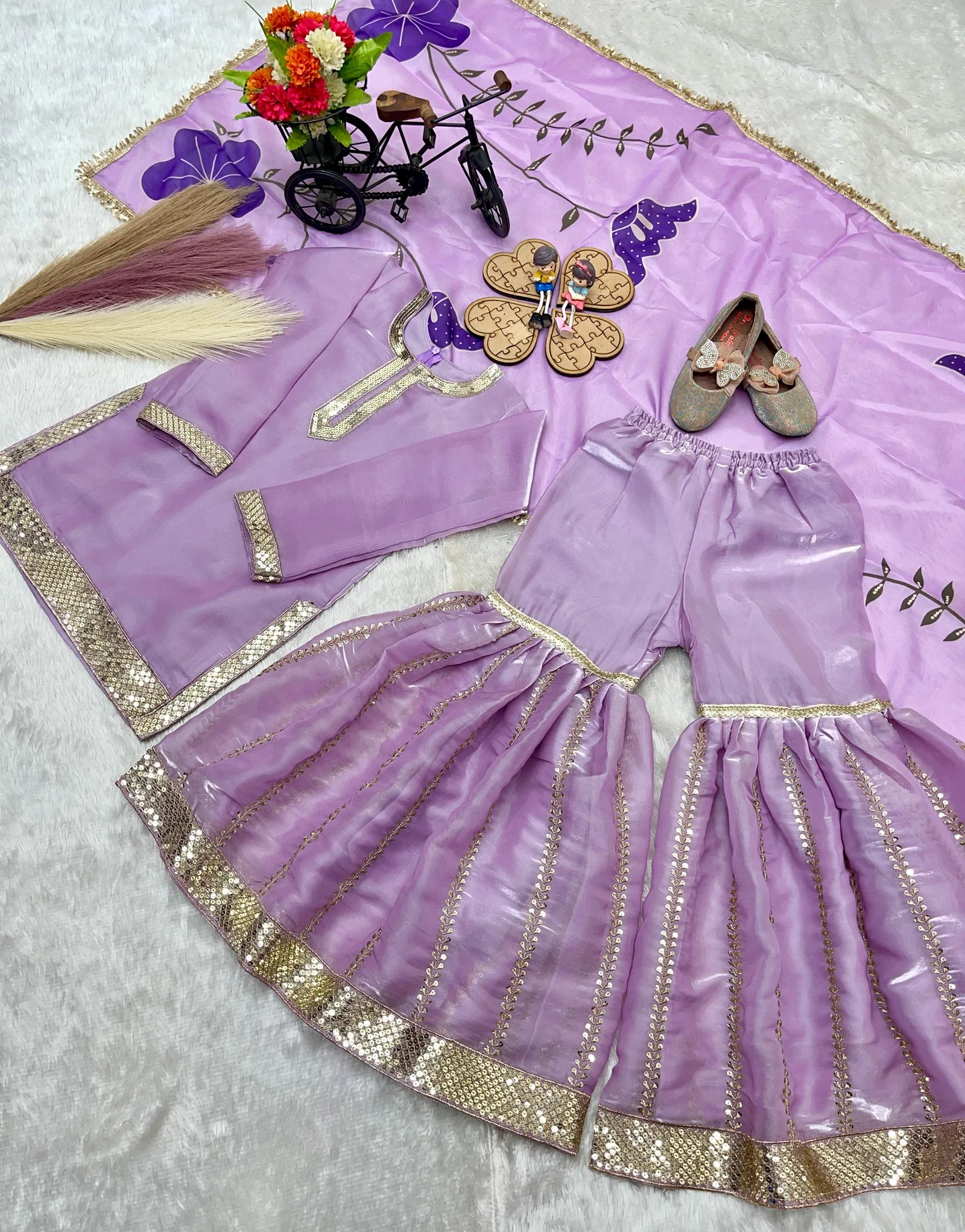 OC 242 Heavy Pure GMY Silk Kids Top Sharara And Dupatta Set