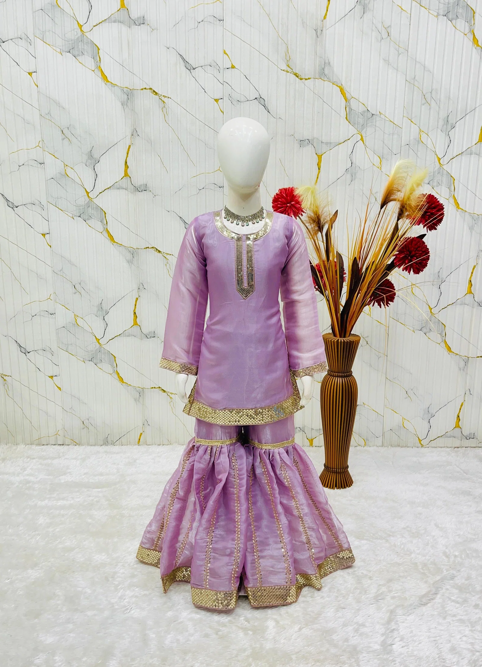 OC 242 Heavy Pure GMY Silk Kids Top Sharara And Dupatta Set