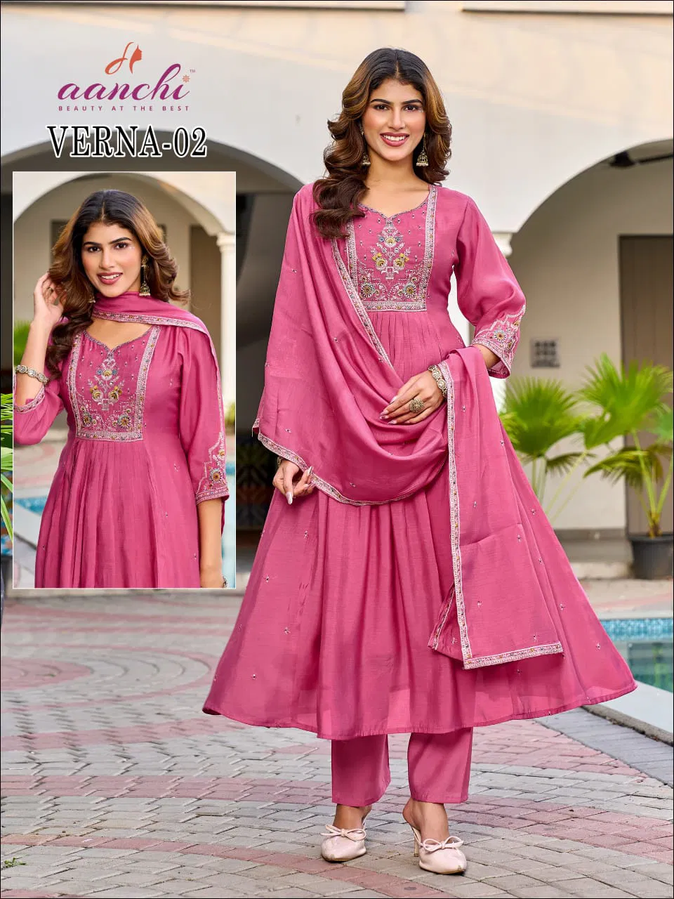 Aanchi Verna Mul Chanderi Fancy Worked Kurti With Bottom Dupatta