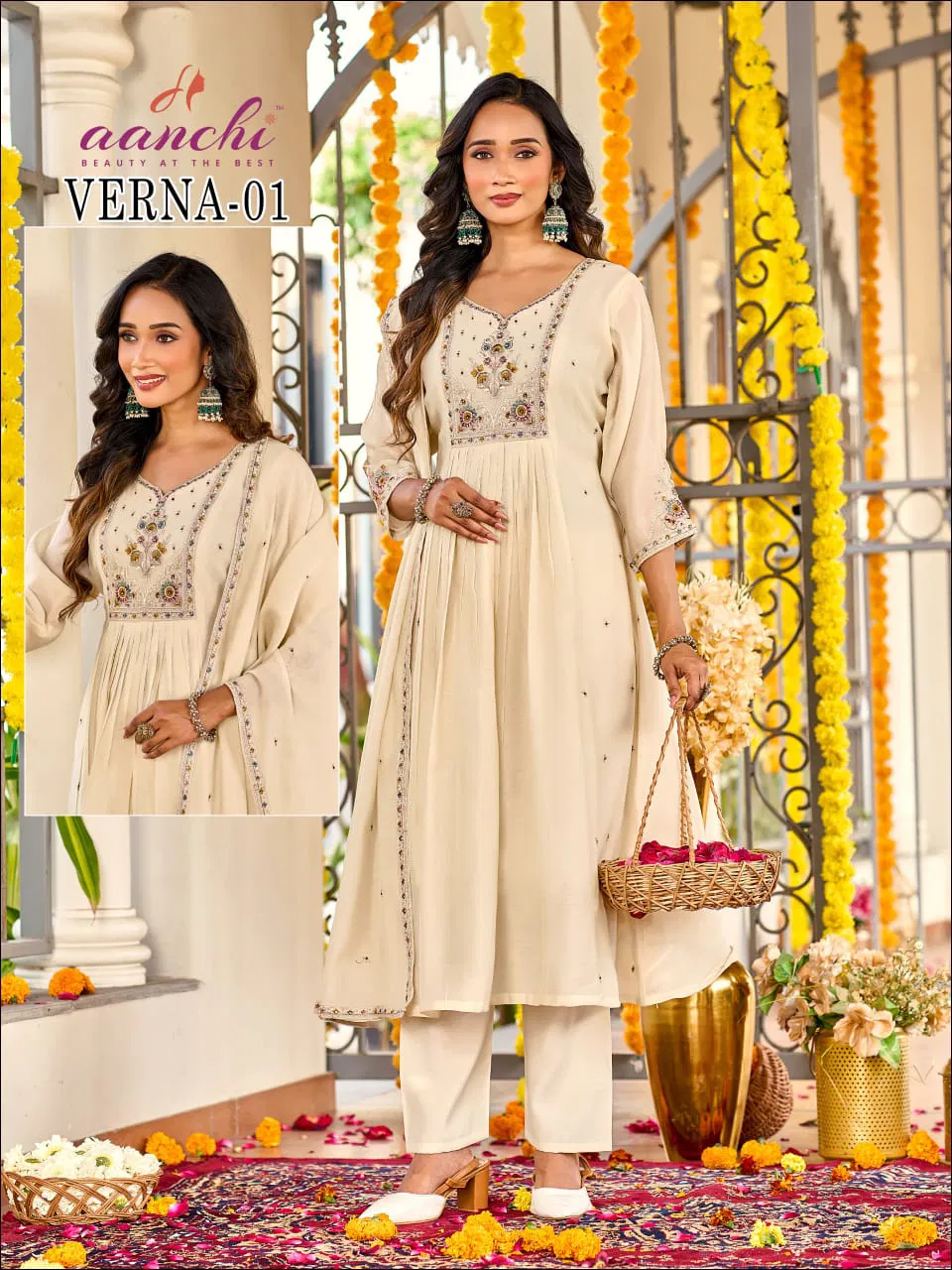 Aanchi Verna Mul Chanderi Fancy Worked Kurti With Bottom Dupatta