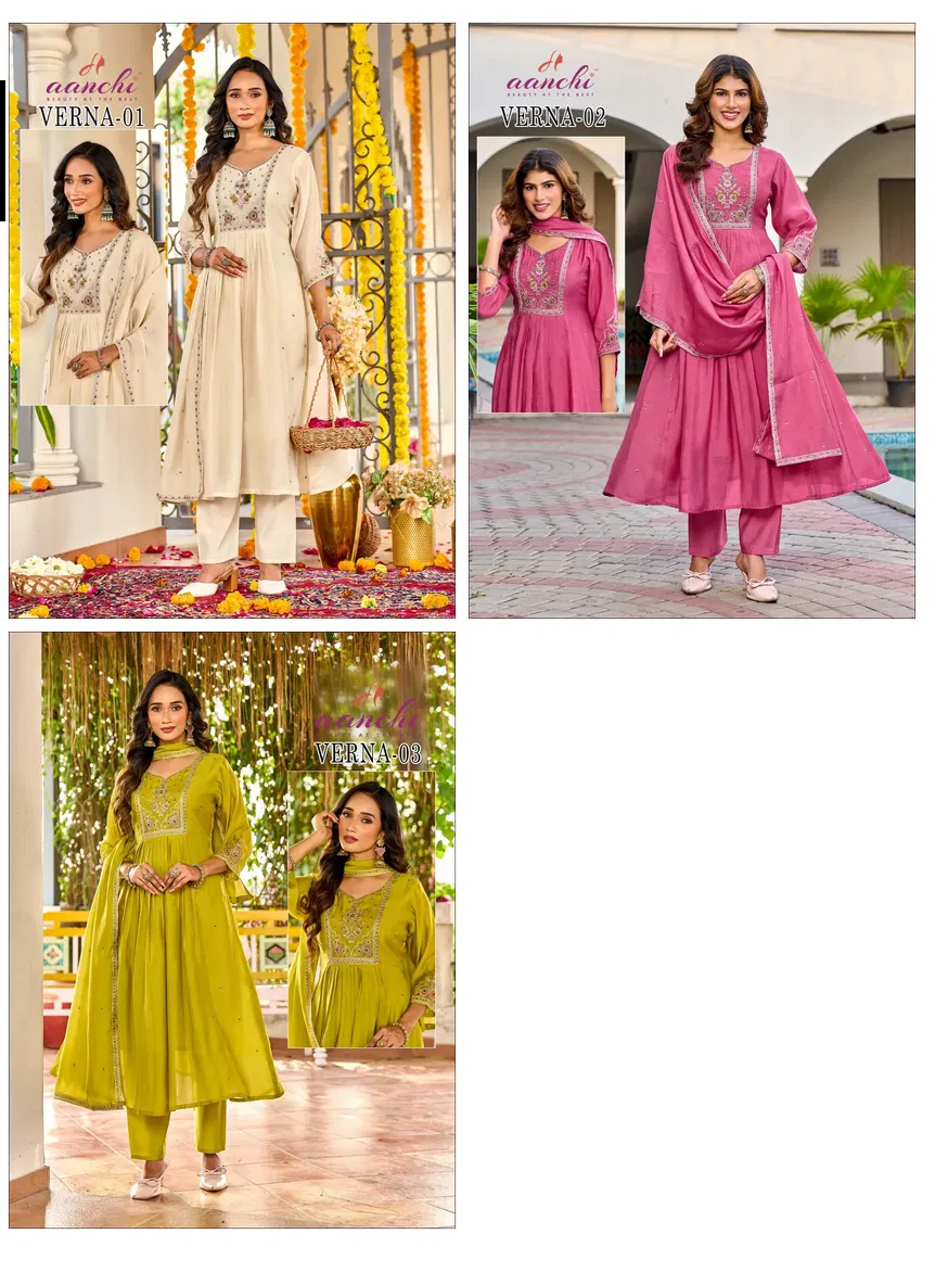 Aanchi Verna Mul Chanderi Fancy Worked Kurti With Bottom Dupatta