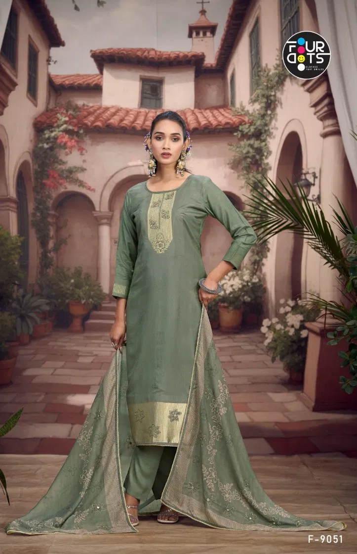Four Dots Adira Pure Muslin Jacquard With Handworked Dress Material