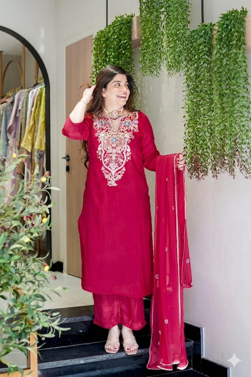NCO 135 Viscose Shimmer Silk Embroidery Work Kurti Bottom With Dupatta