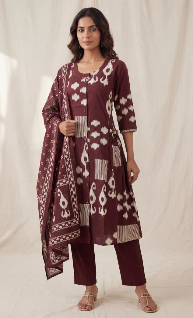 VP 318 SIMA Purple Cotton Printed and Handwork 3pc Kurta set