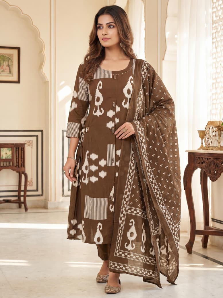 VP 318 SIMA Brown Cotton Printed and Handwork 3pc Kurta set